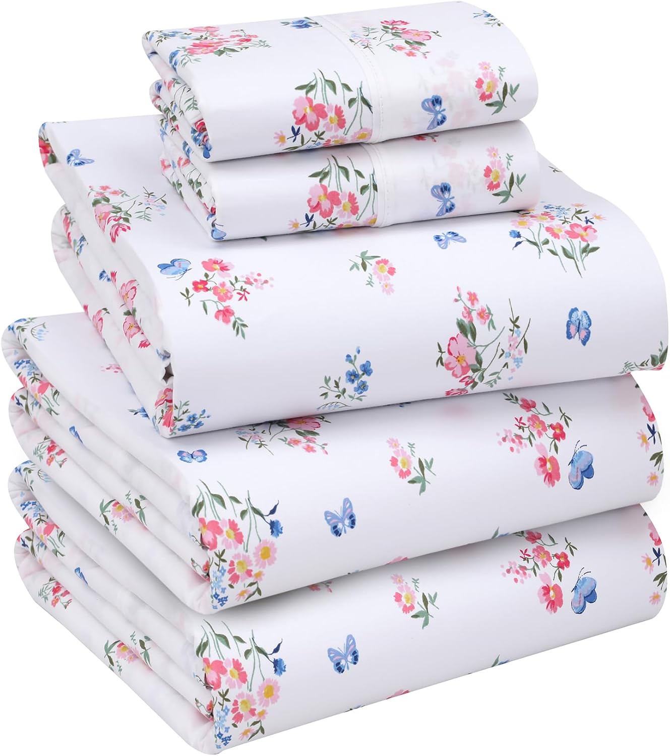 RUVANTI 100% Cotton Sheets Queen Size Set, 4 Pieces, Soft & Breathable Percale Weave Bedding, Deep Pocket 16", Hotel Standard, Crisp Cool Feeling, Durable, Perfect Floral Bed Sheet, Sweet Pea