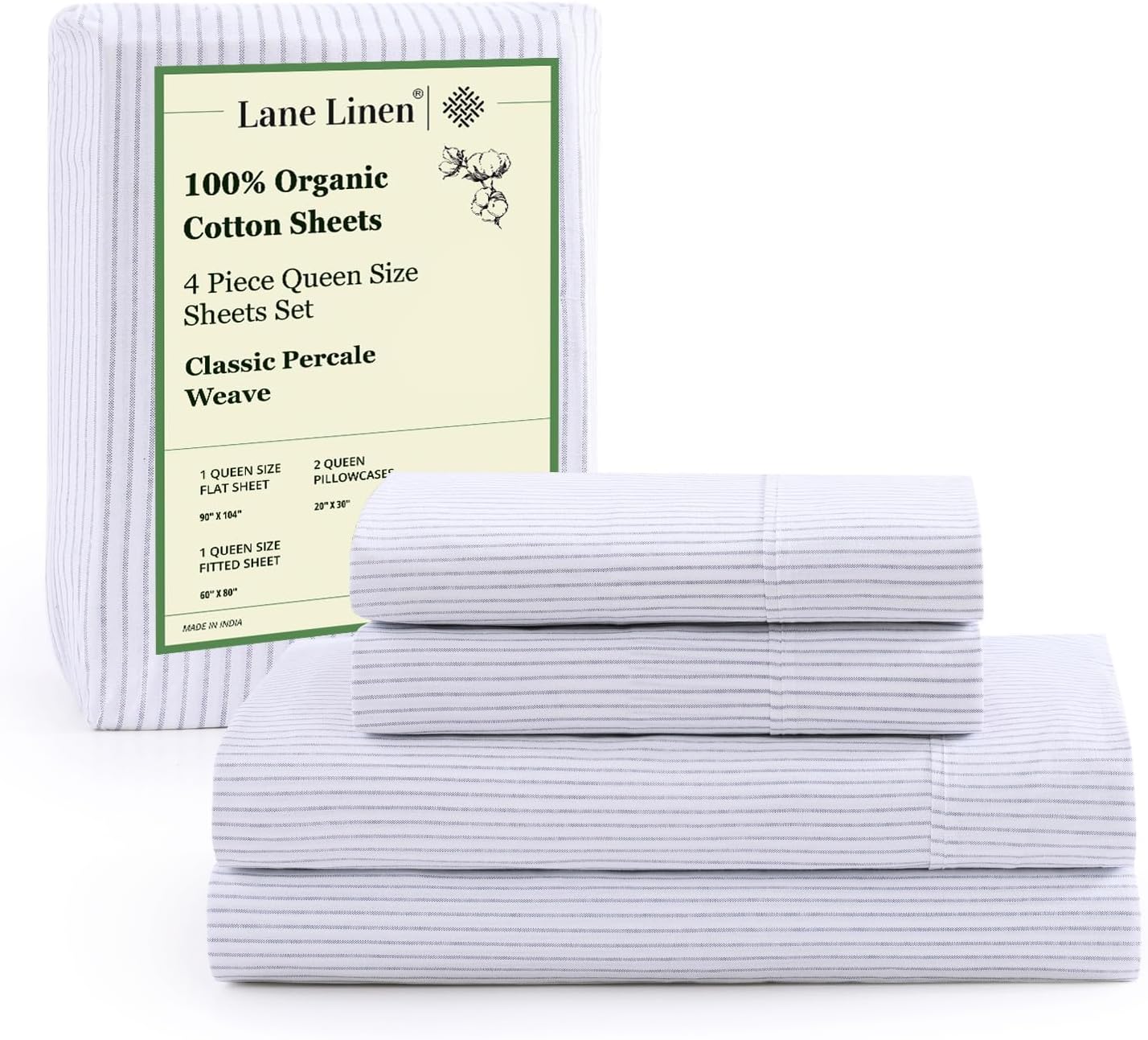 LANE LINEN 100% Organic Cotton Twin Sheets Set, 3Pc Twin Bed Sheets, Soft & Comfy Breathable Cotton Percale Sheets for Twin Size Bed, Dorm Room Essentials Low Pill Fade Resistant White Sheets