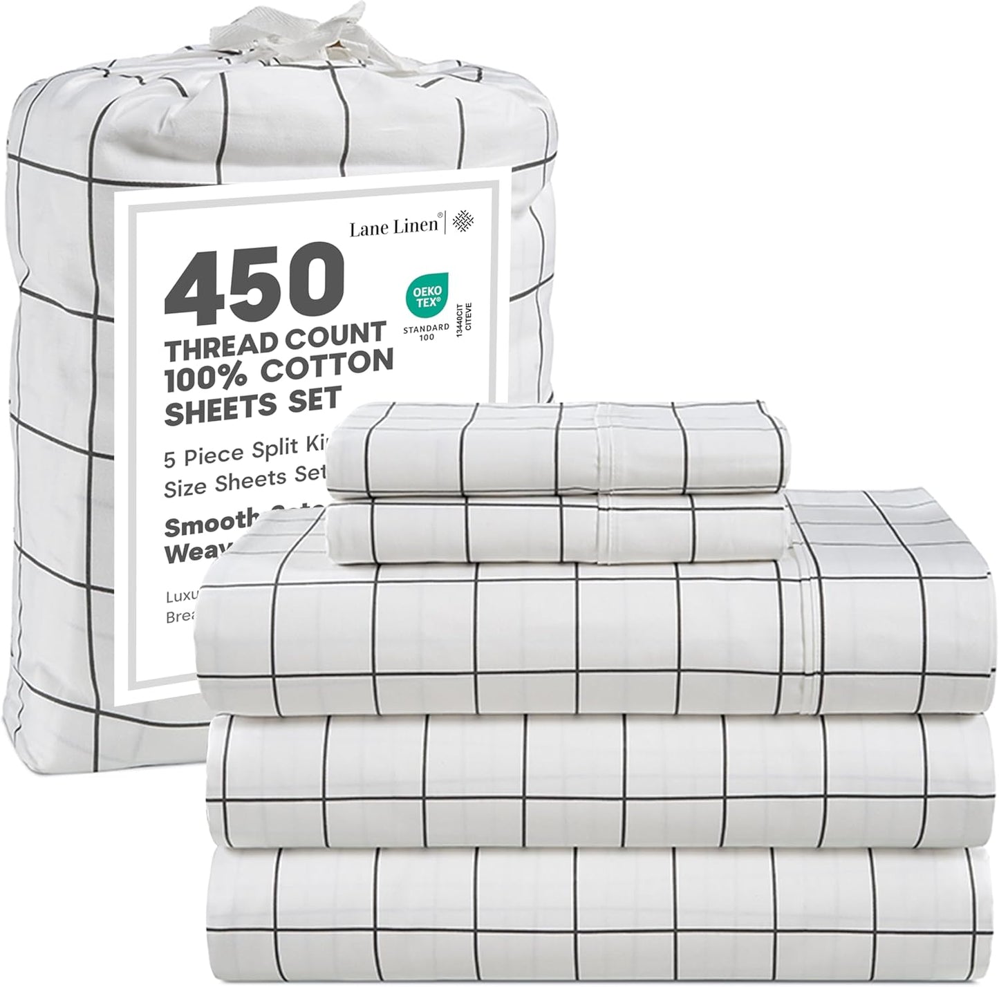 Lane Linen 100% Cotton Sheets – 450 Thread Count Full Size Sheet Set, Naturally Cooling Sateen Sheets, Soft & Comfy, 15” Deep Pocket Fully Elasticized Fitted Sheet, Bedding Sheets & Pillowcases, White