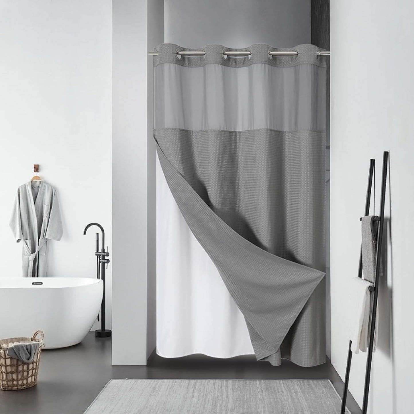 Grey No Hook Waffle Weave Shower Curtain with snap-in Liner Replacement, 230GSM Waterproof Fabric Hotel Shower Curtain Set for Bathroom, Through Mesh Top Window,71Wx74H
