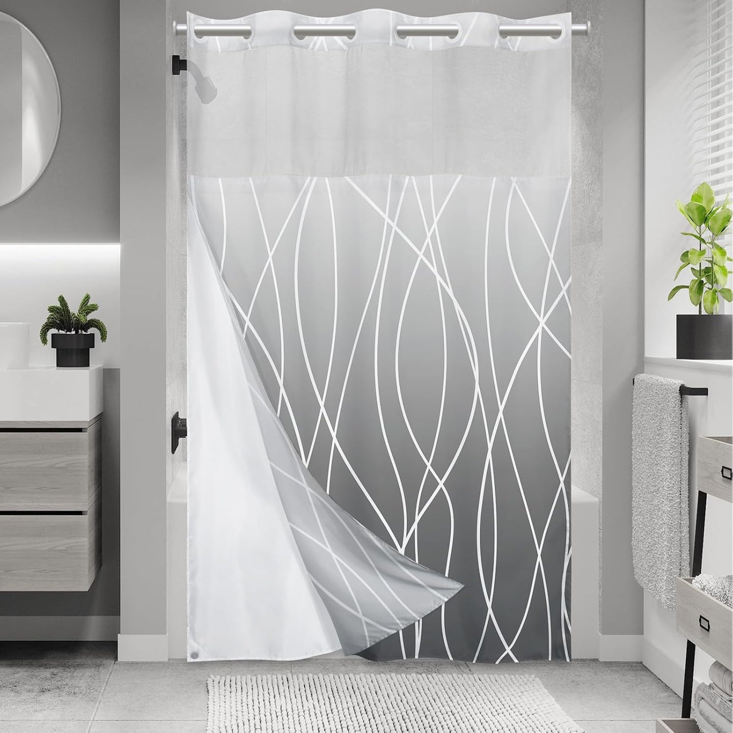 No Hook Grey White Striped Shower Curtain with Snap in Fabric Liner Set - Hotel Liner Set with See Through Mesh Top Window,Machine Washable, 71x74 INCH