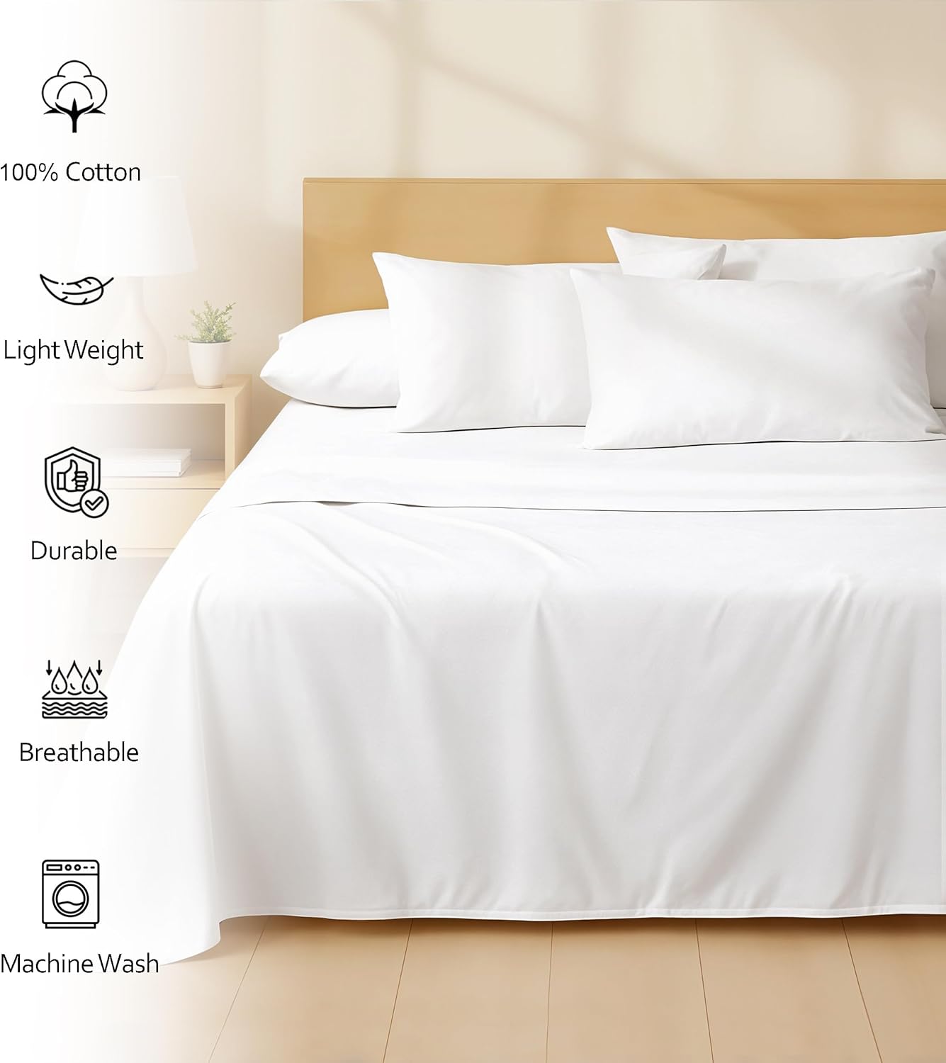 RUVANTI 6 Pcs Cotton Sheets - 100% Natural Cotton Soft, Lightweight & Breathable Crispy Percale Bed Sheets, Queen Sheet Set 16" Deep Pockets, Bright White