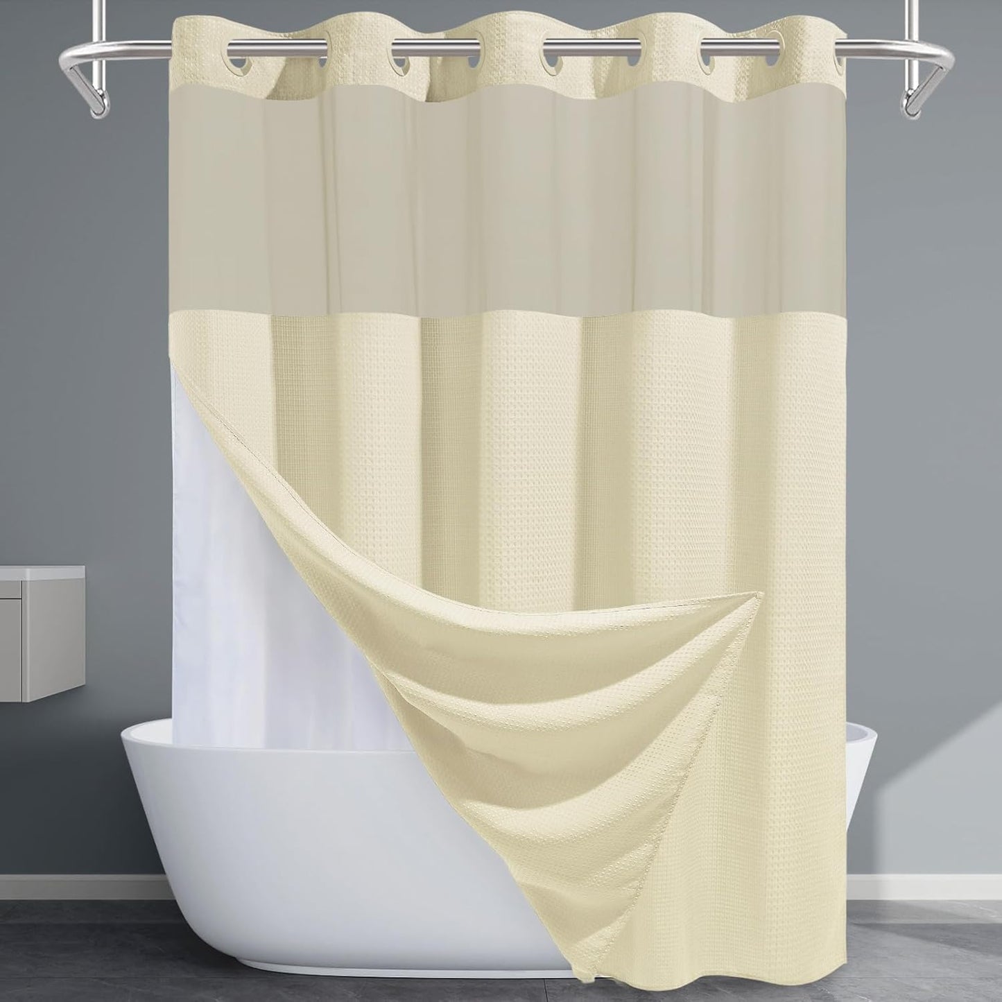 Grey Shower Curtain and Liner Set - 230GSM Waffle Weave Textured Heavy Duty,Hotel Luxury Weighted Bath Curtain,71W x 74H