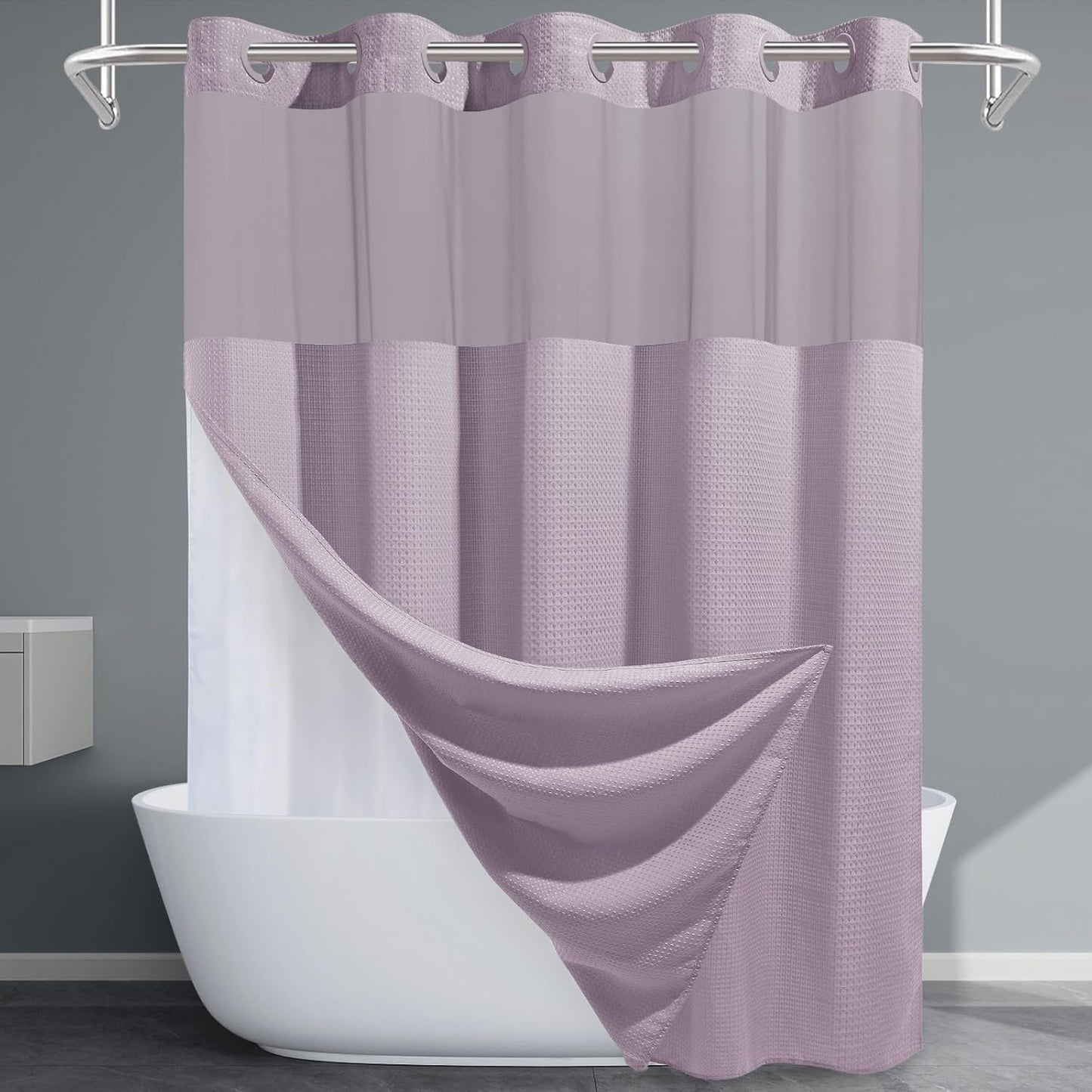 Grey Shower Curtain and Liner Set - 230GSM Waffle Weave Textured Heavy Duty,Hotel Luxury Weighted Bath Curtain,71W x 74H