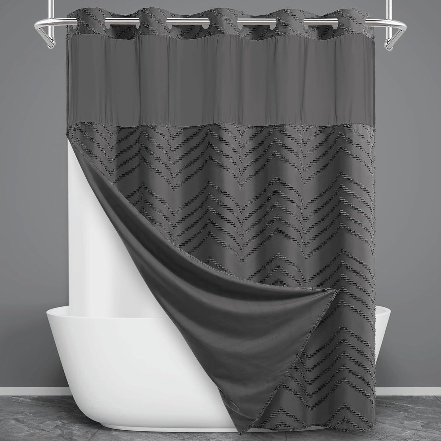 No Hook Shower Curtain with Snap in Liner, Black Tufted Chevron Striped Shower Curtains for Bathroom, Waterproof & Washable, 71Wx74H