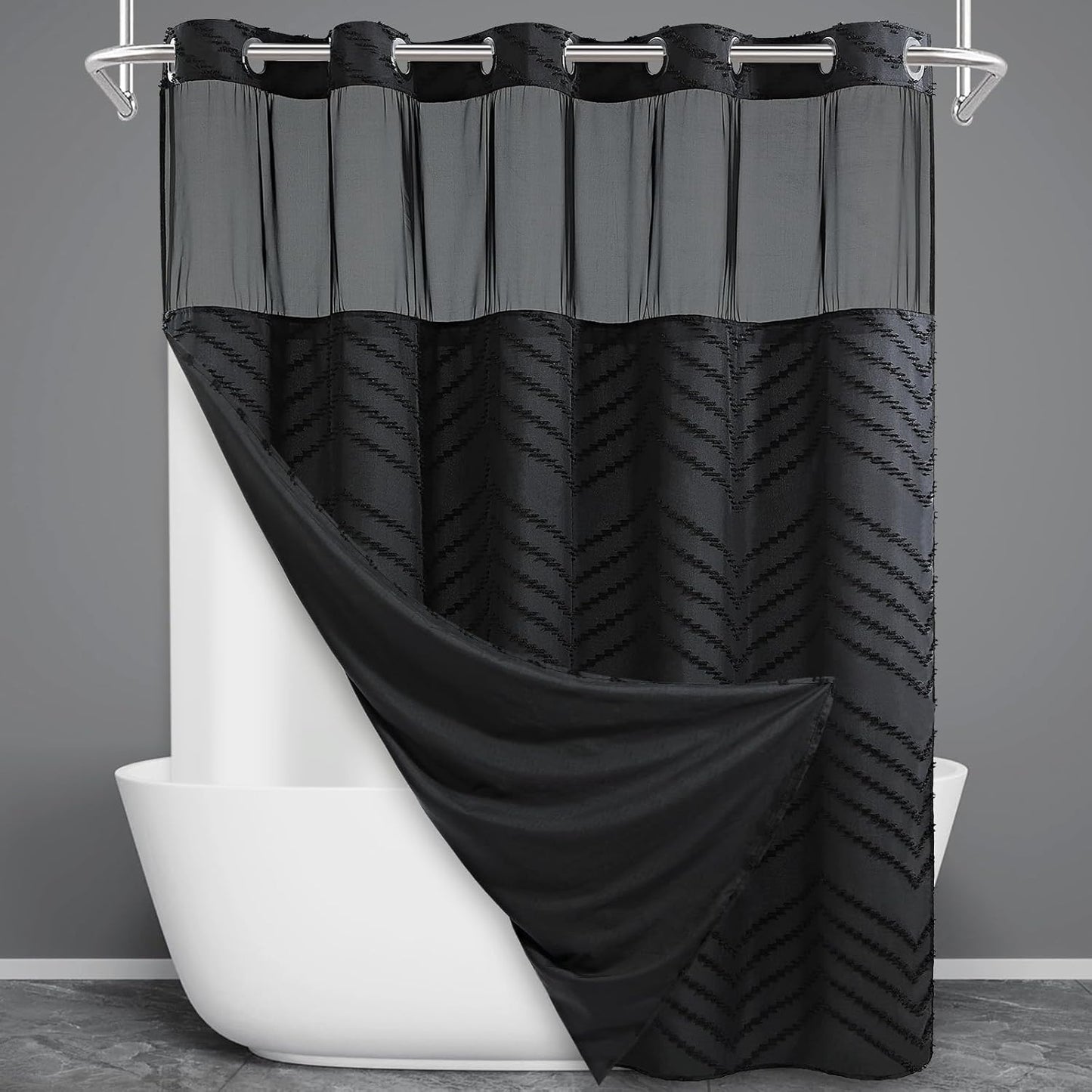 No Hook Shower Curtain with Snap in Liner, Black Tufted Chevron Striped Shower Curtains for Bathroom, Waterproof & Washable, 71Wx74H