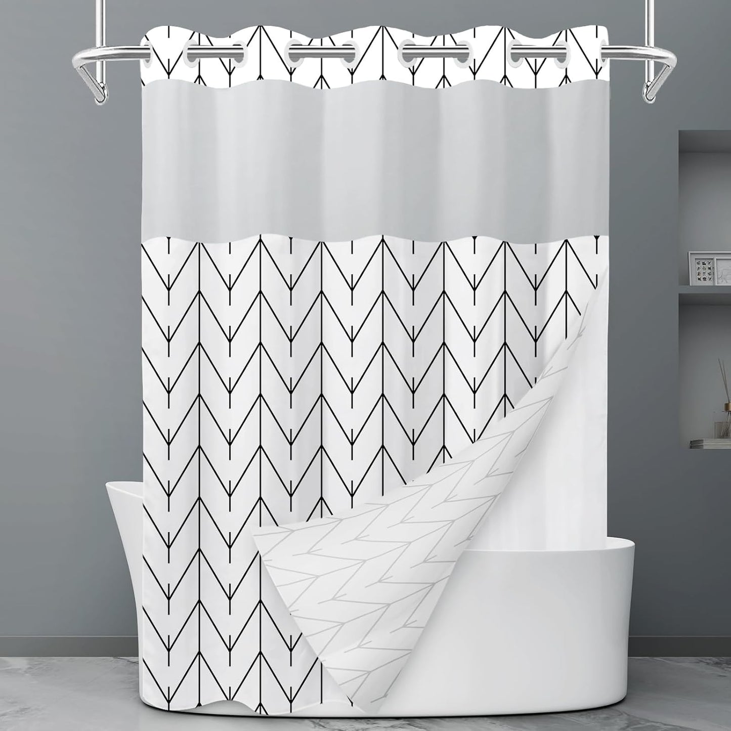 No Hook Grey White Striped Shower Curtain with Snap in Fabric Liner Set - Hotel Liner Set with See Through Mesh Top Window,Machine Washable, 71x74 INCH