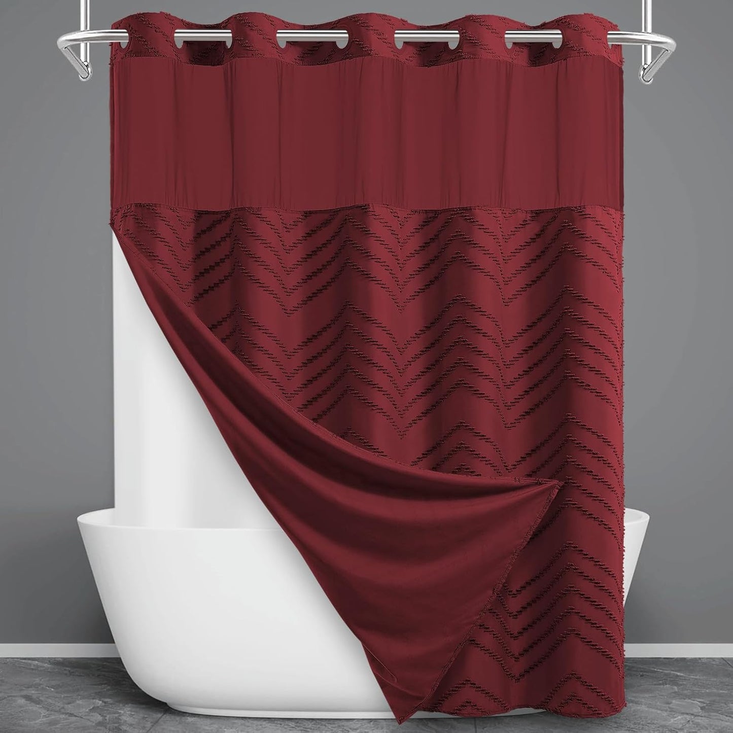 No Hook Shower Curtain with Snap in Liner, Black Tufted Chevron Striped Shower Curtains for Bathroom, Waterproof & Washable, 71Wx74H