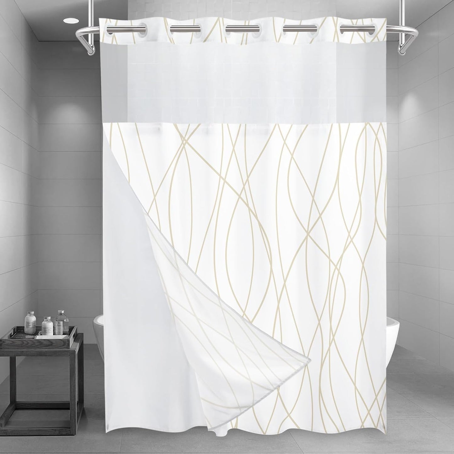 No Hook Grey White Striped Shower Curtain with Snap in Fabric Liner Set - Hotel Liner Set with See Through Mesh Top Window,Machine Washable, 71x74 INCH