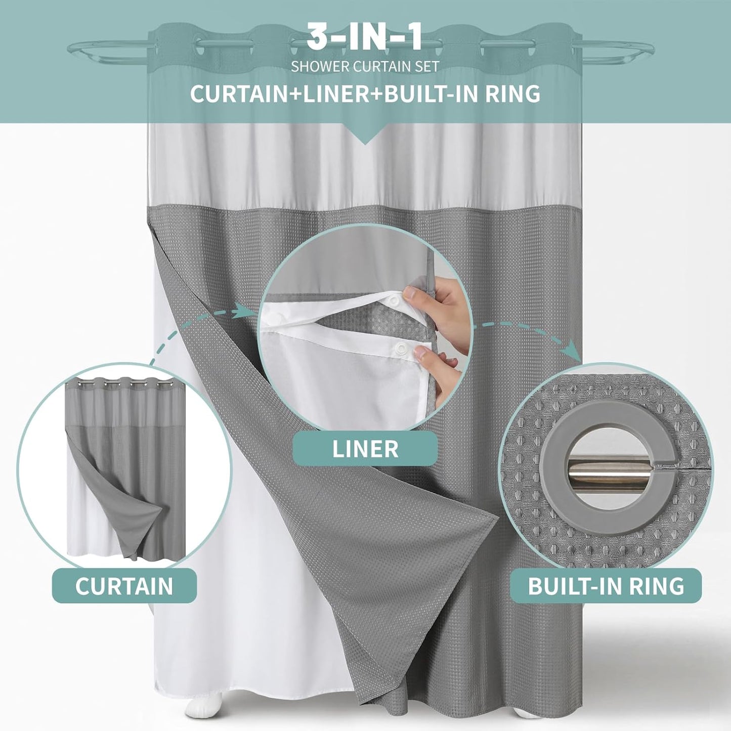 Grey No Hook Waffle Weave Shower Curtain with snap-in Liner Replacement, 230GSM Waterproof Fabric Hotel Shower Curtain Set for Bathroom, Through Mesh Top Window,71Wx74H