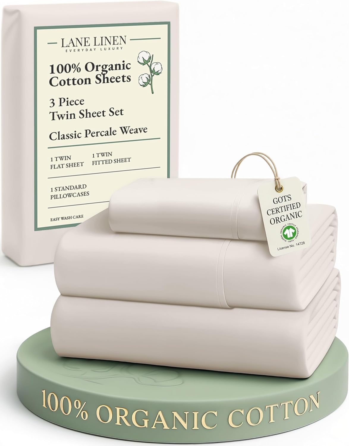 LANE LINEN 100% Organic Cotton Twin Sheets Set, 3Pc Twin Bed Sheets, Soft & Comfy Breathable Cotton Percale Sheets for Twin Size Bed, Dorm Room Essentials Low Pill Fade Resistant White Sheets