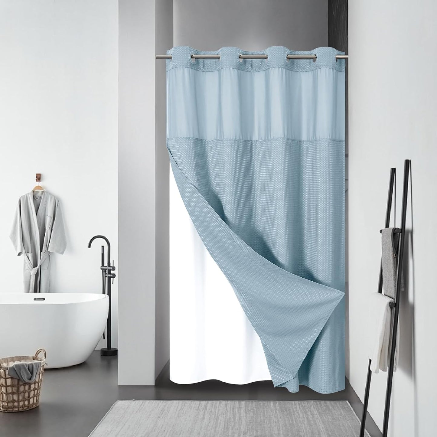 Grey No Hook Waffle Weave Shower Curtain with snap-in Liner Replacement, 230GSM Waterproof Fabric Hotel Shower Curtain Set for Bathroom, Through Mesh Top Window,71Wx74H