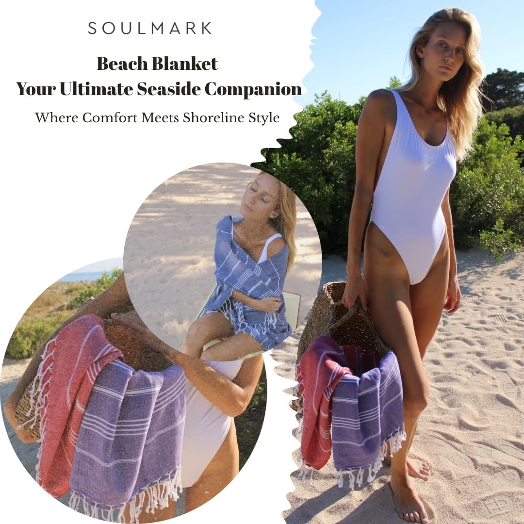 SOULMARK 100% Cotton Turkish Beach Towel with Bag - 38"x71" - 4 Pack - Made in Green & Oeko TEX Certified - Pre-Washed and Sand Free - Quick Dry and Lightweight for Travel - Made in Turkey - Purple