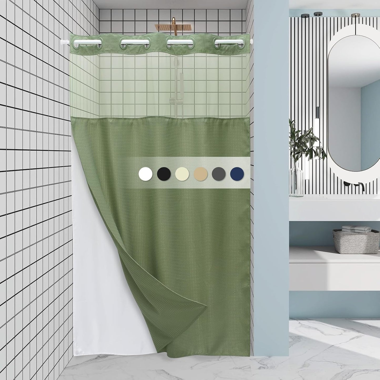 Grey Shower Curtain and Liner Set - 230GSM Waffle Weave Textured Heavy Duty,Hotel Luxury Weighted Bath Curtain,71W x 74H