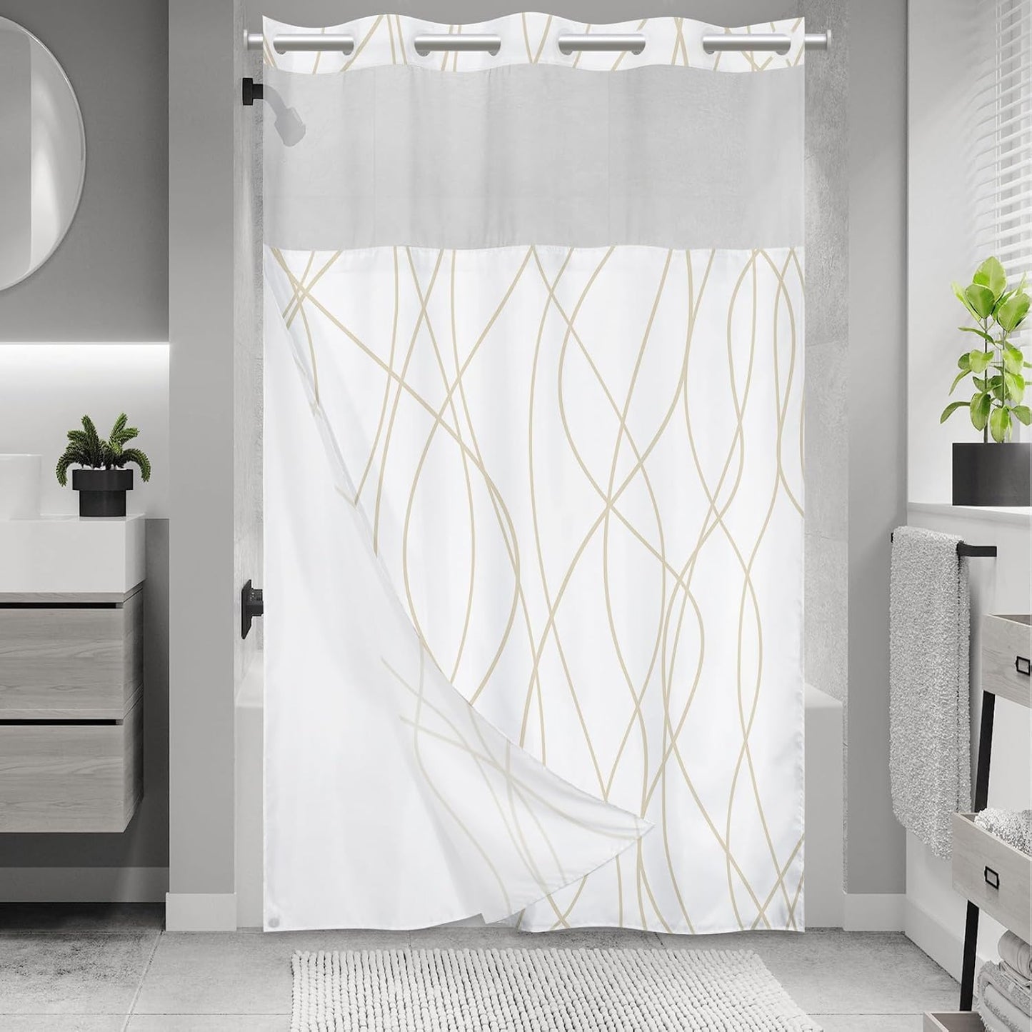 No Hook Grey White Striped Shower Curtain with Snap in Fabric Liner Set - Hotel Liner Set with See Through Mesh Top Window,Machine Washable, 71x74 INCH