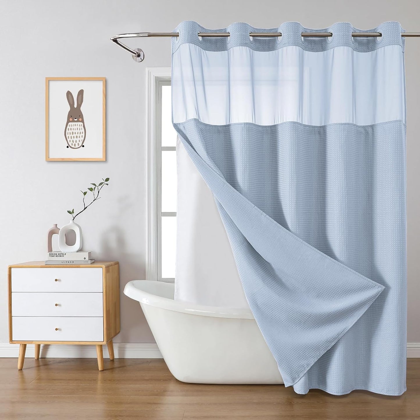 Grey No Hook Waffle Weave Shower Curtain with snap-in Liner Replacement, 230GSM Waterproof Fabric Hotel Shower Curtain Set for Bathroom, Through Mesh Top Window,71Wx74H