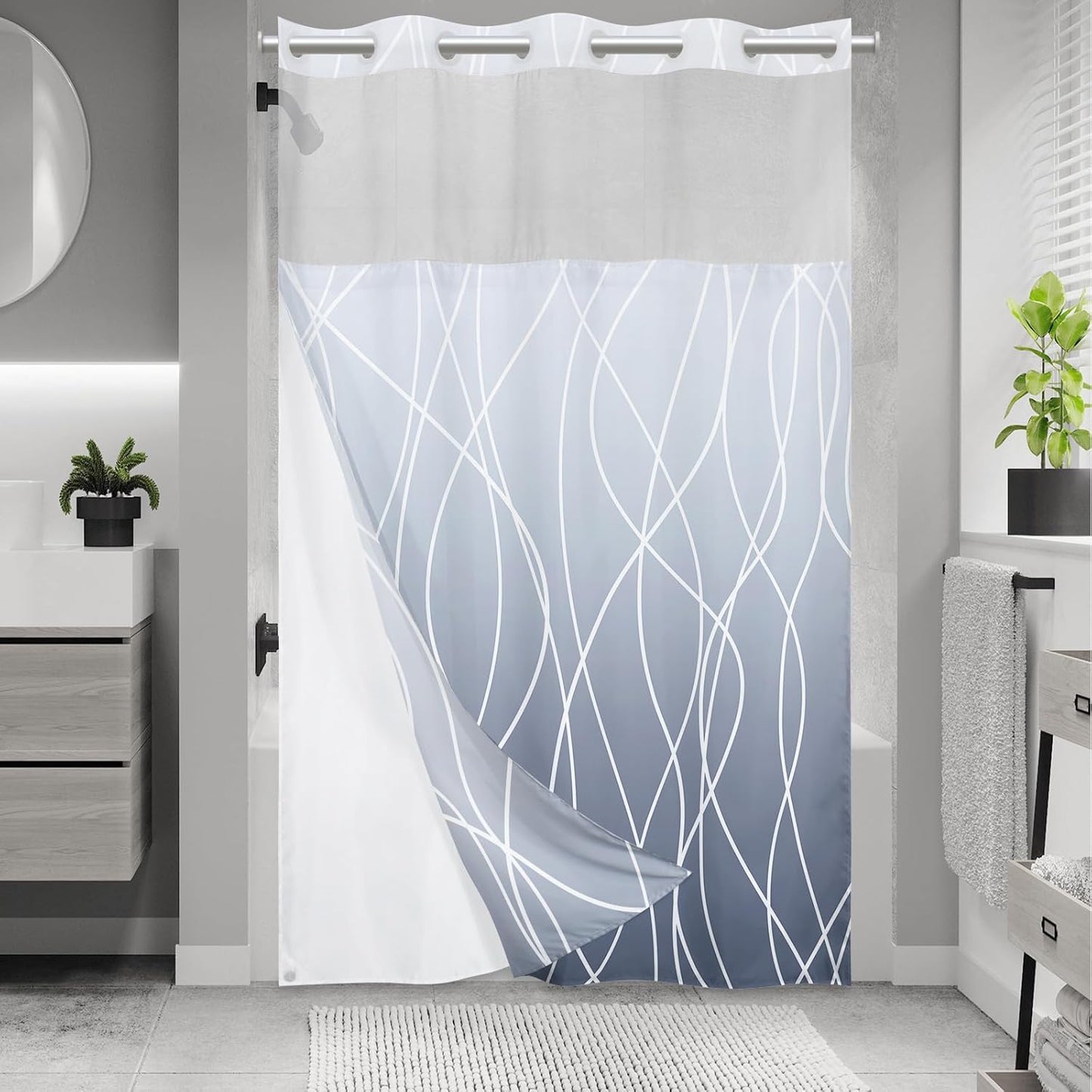 No Hook Grey White Striped Shower Curtain with Snap in Fabric Liner Set - Hotel Liner Set with See Through Mesh Top Window,Machine Washable, 71x74 INCH