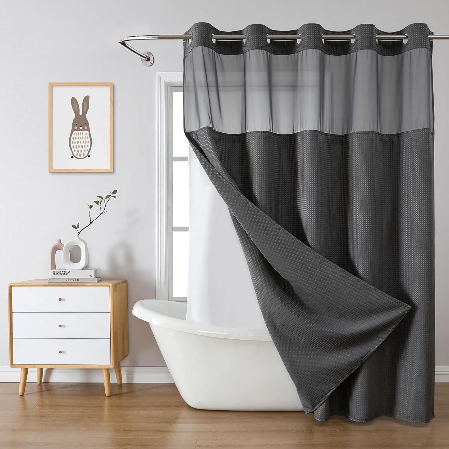 Grey No Hook Waffle Weave Shower Curtain with snap-in Liner Replacement, 230GSM Waterproof Fabric Hotel Shower Curtain Set for Bathroom, Through Mesh Top Window,71Wx74H