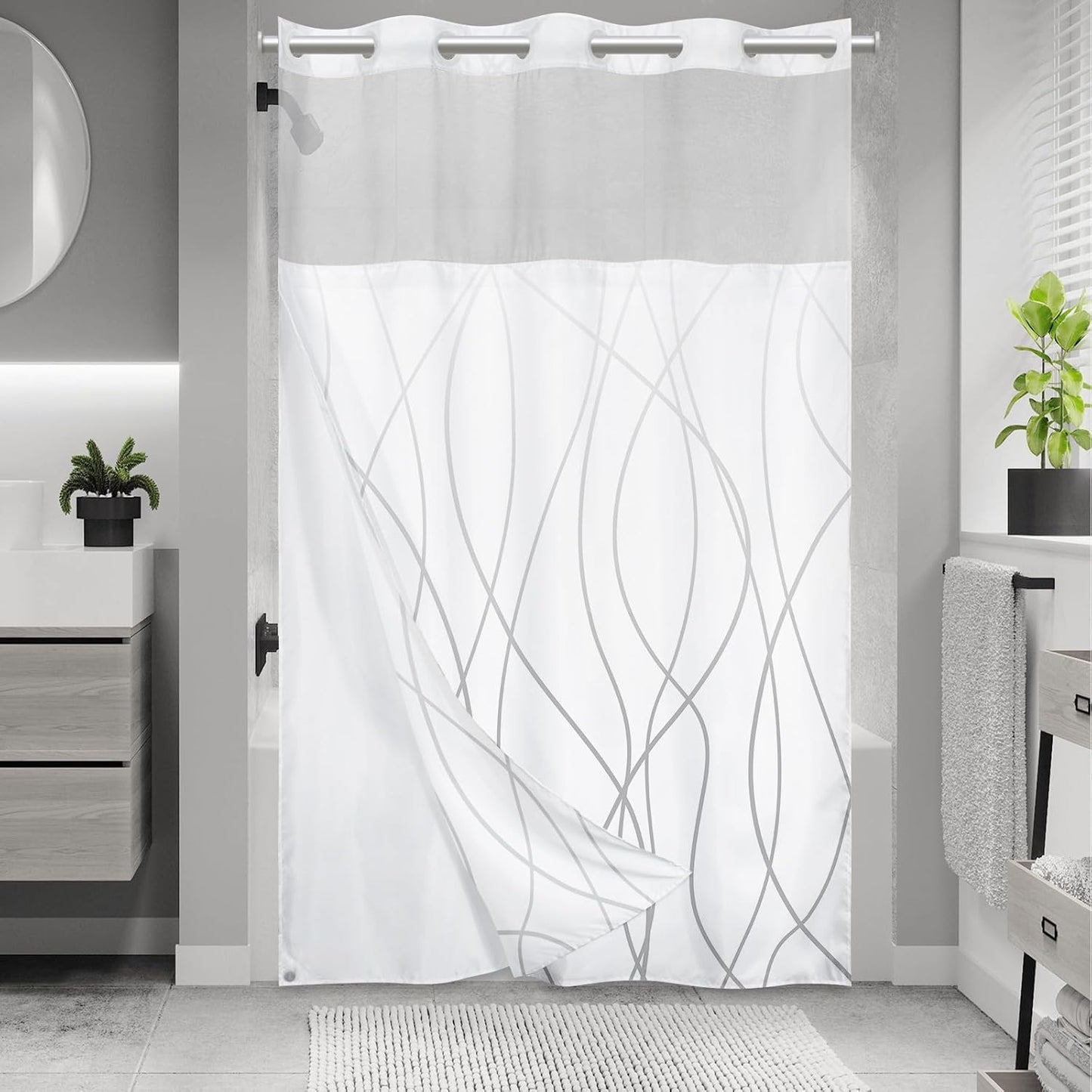 No Hook Grey White Striped Shower Curtain with Snap in Fabric Liner Set - Hotel Liner Set with See Through Mesh Top Window,Machine Washable, 71x74 INCH
