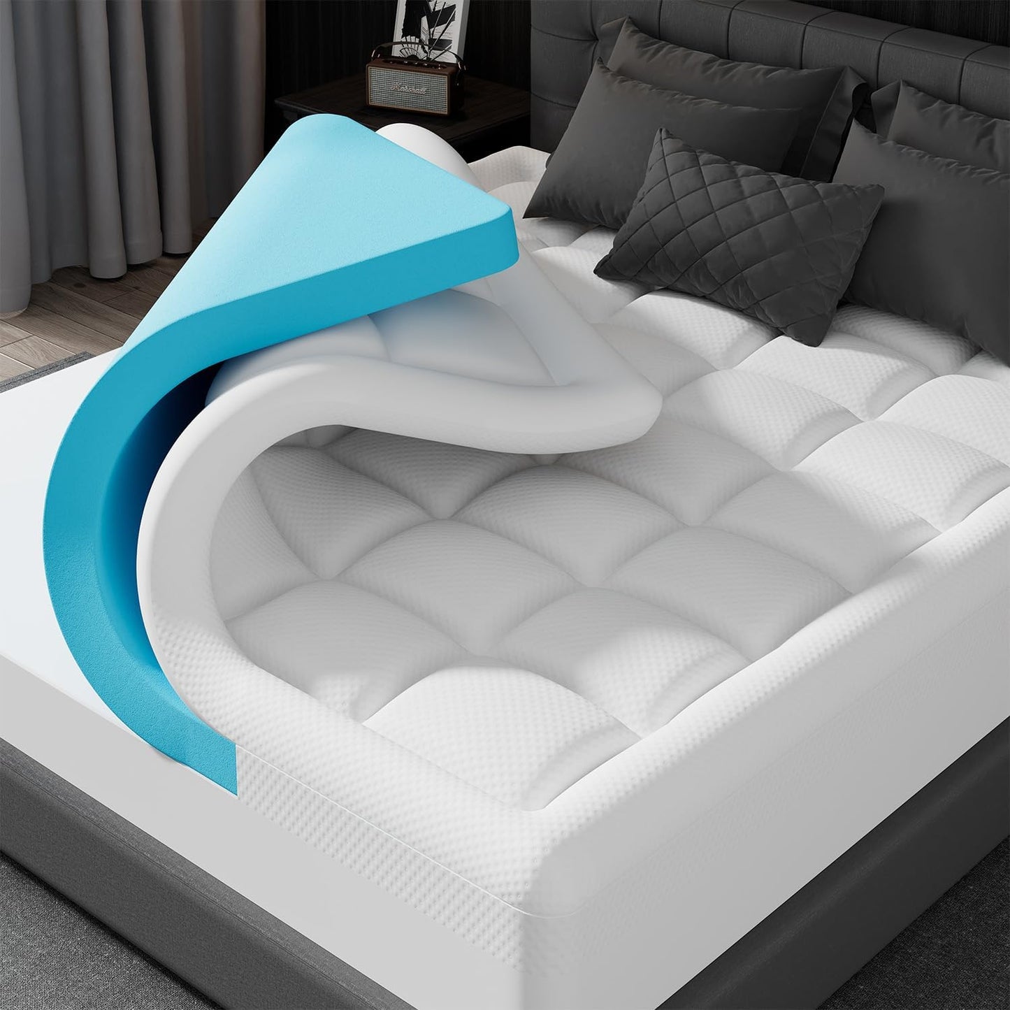 ELEMUSE Full XL Dual Layer 3 Inch Memory Foam Mattress Topper, 2 Inch Cooling Gel Memory Foam and 1 Inch Thick Soft Pillow Top Mattress Pad Cover for Back Pain Relief, Side Sleep Bed Topper