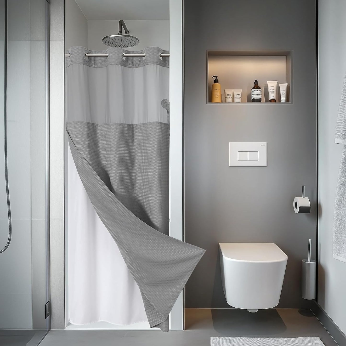 Grey No Hook Waffle Weave Shower Curtain with snap-in Liner Replacement, 230GSM Waterproof Fabric Hotel Shower Curtain Set for Bathroom, Through Mesh Top Window,71Wx74H