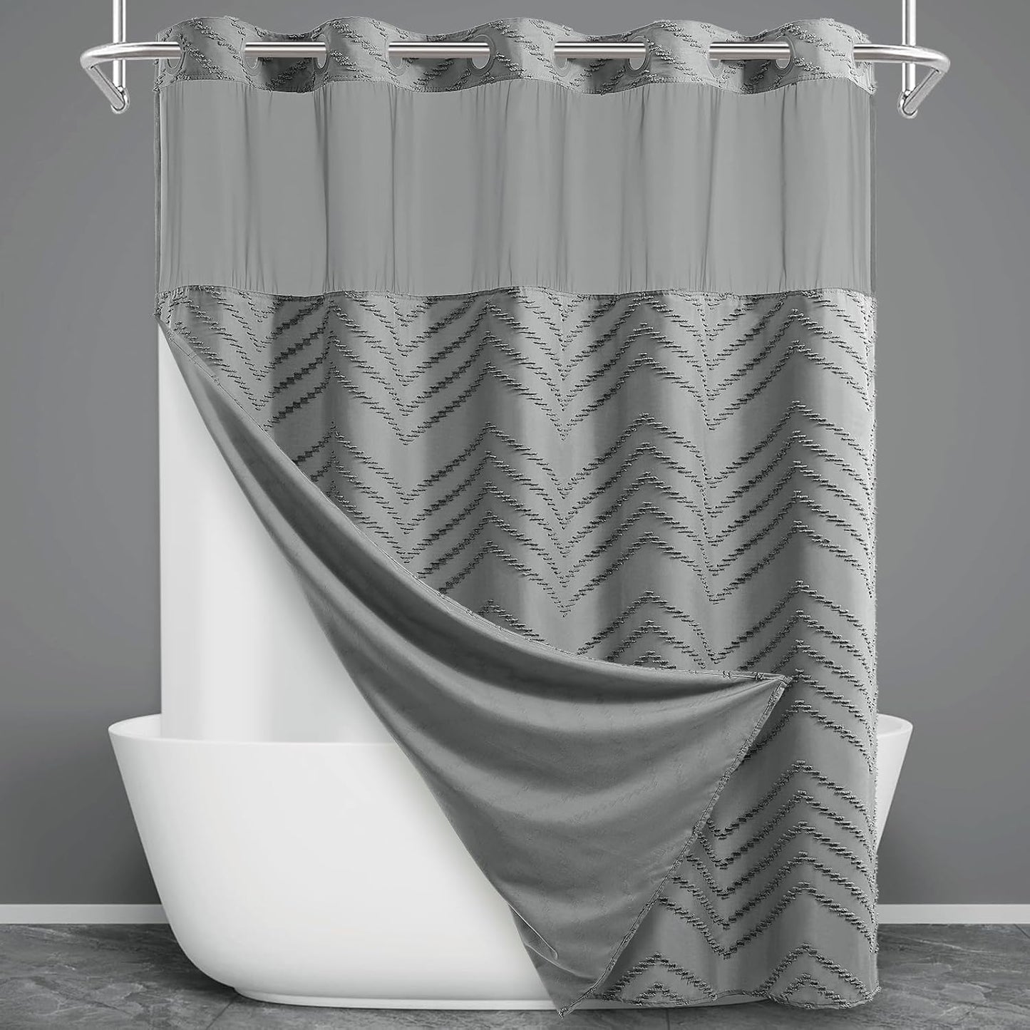 No Hook Shower Curtain with Snap in Liner, Black Tufted Chevron Striped Shower Curtains for Bathroom, Waterproof & Washable, 71Wx74H