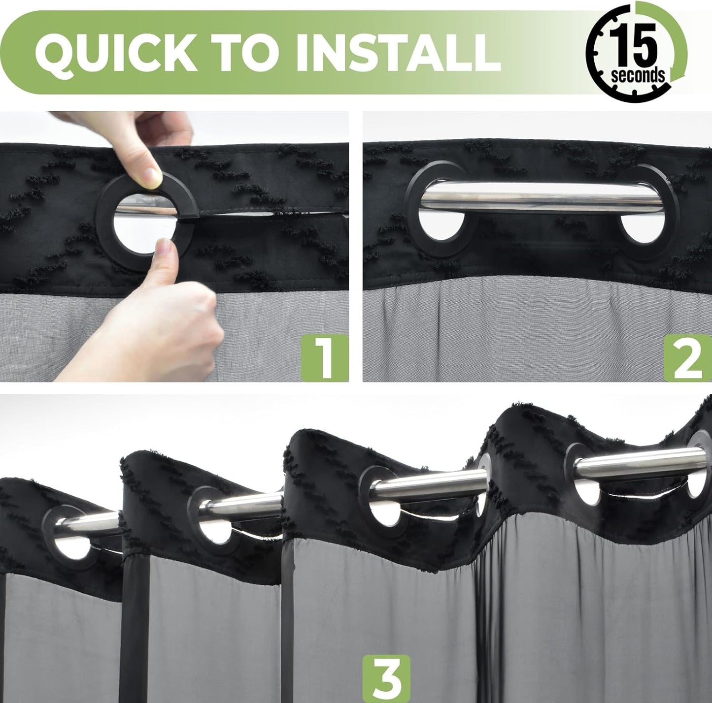 No Hook Shower Curtain with Snap in Liner, Black Tufted Chevron Striped Shower Curtains for Bathroom, Waterproof & Washable, 71Wx74H