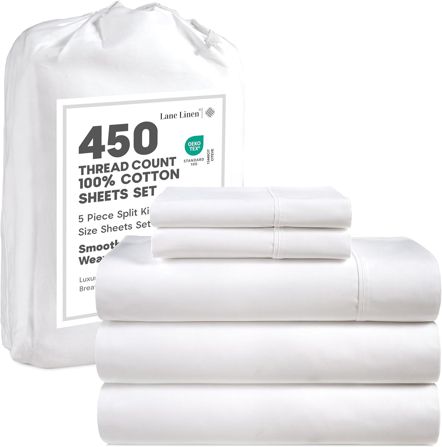 Lane Linen 100% Cotton Sheets – 450 Thread Count Full Size Sheet Set, Naturally Cooling Sateen Sheets, Soft & Comfy, 15” Deep Pocket Fully Elasticized Fitted Sheet, Bedding Sheets & Pillowcases, White