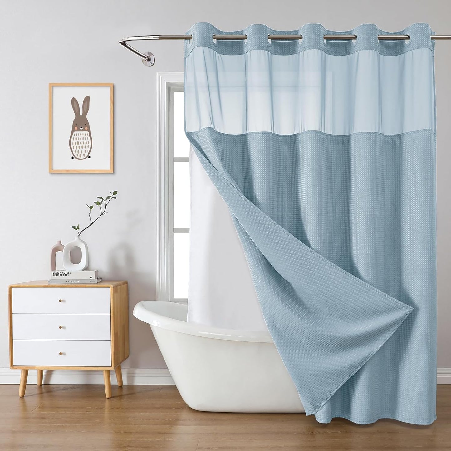 Grey No Hook Waffle Weave Shower Curtain with snap-in Liner Replacement, 230GSM Waterproof Fabric Hotel Shower Curtain Set for Bathroom, Through Mesh Top Window,71Wx74H
