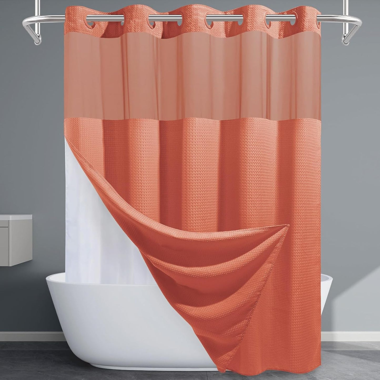 Grey Shower Curtain and Liner Set - 230GSM Waffle Weave Textured Heavy Duty,Hotel Luxury Weighted Bath Curtain,71W x 74H