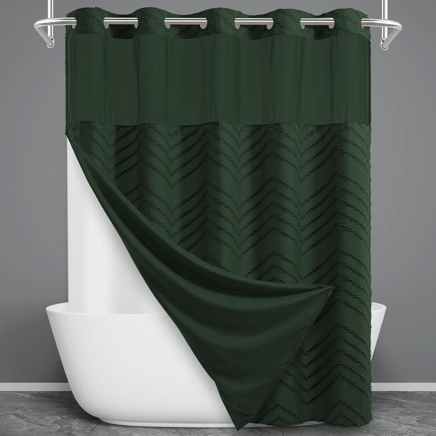 No Hook Shower Curtain with Snap in Liner, Black Tufted Chevron Striped Shower Curtains for Bathroom, Waterproof & Washable, 71Wx74H
