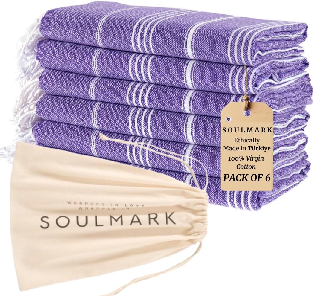 SOULMARK 100% Cotton Turkish Beach Towel with Bag - 38"x71" - 4 Pack - Made in Green & Oeko TEX Certified - Pre-Washed and Sand Free - Quick Dry and Lightweight for Travel - Made in Turkey - Purple