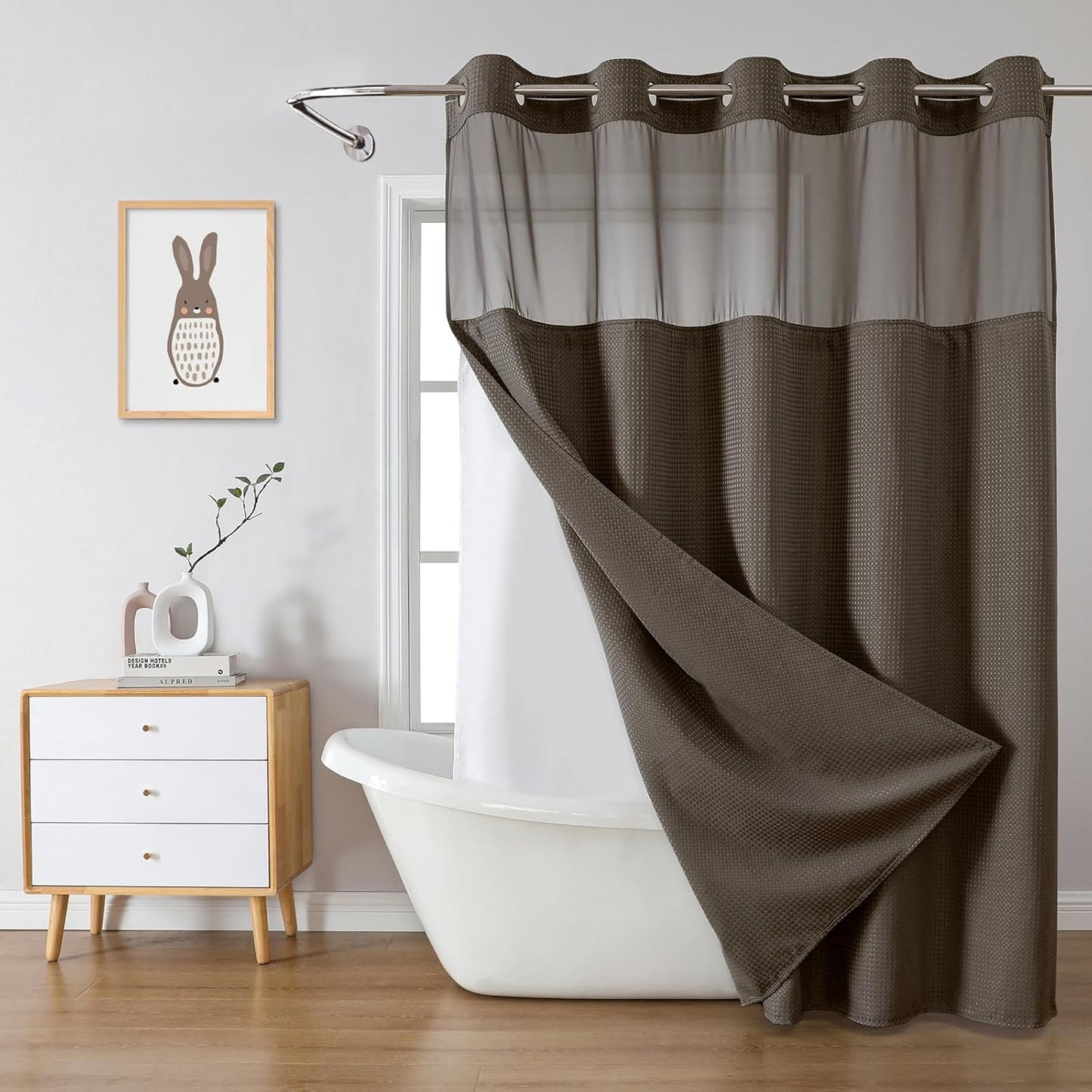 Grey No Hook Waffle Weave Shower Curtain with snap-in Liner Replacement, 230GSM Waterproof Fabric Hotel Shower Curtain Set for Bathroom, Through Mesh Top Window,71Wx74H