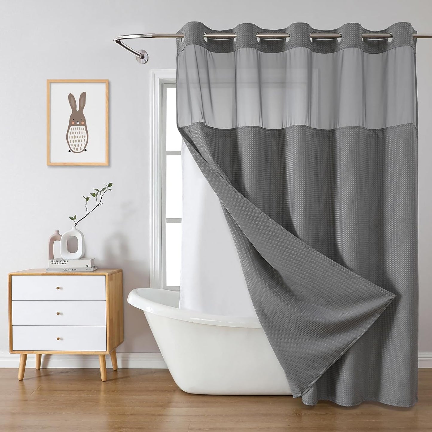 Grey No Hook Waffle Weave Shower Curtain with snap-in Liner Replacement, 230GSM Waterproof Fabric Hotel Shower Curtain Set for Bathroom, Through Mesh Top Window,71Wx74H
