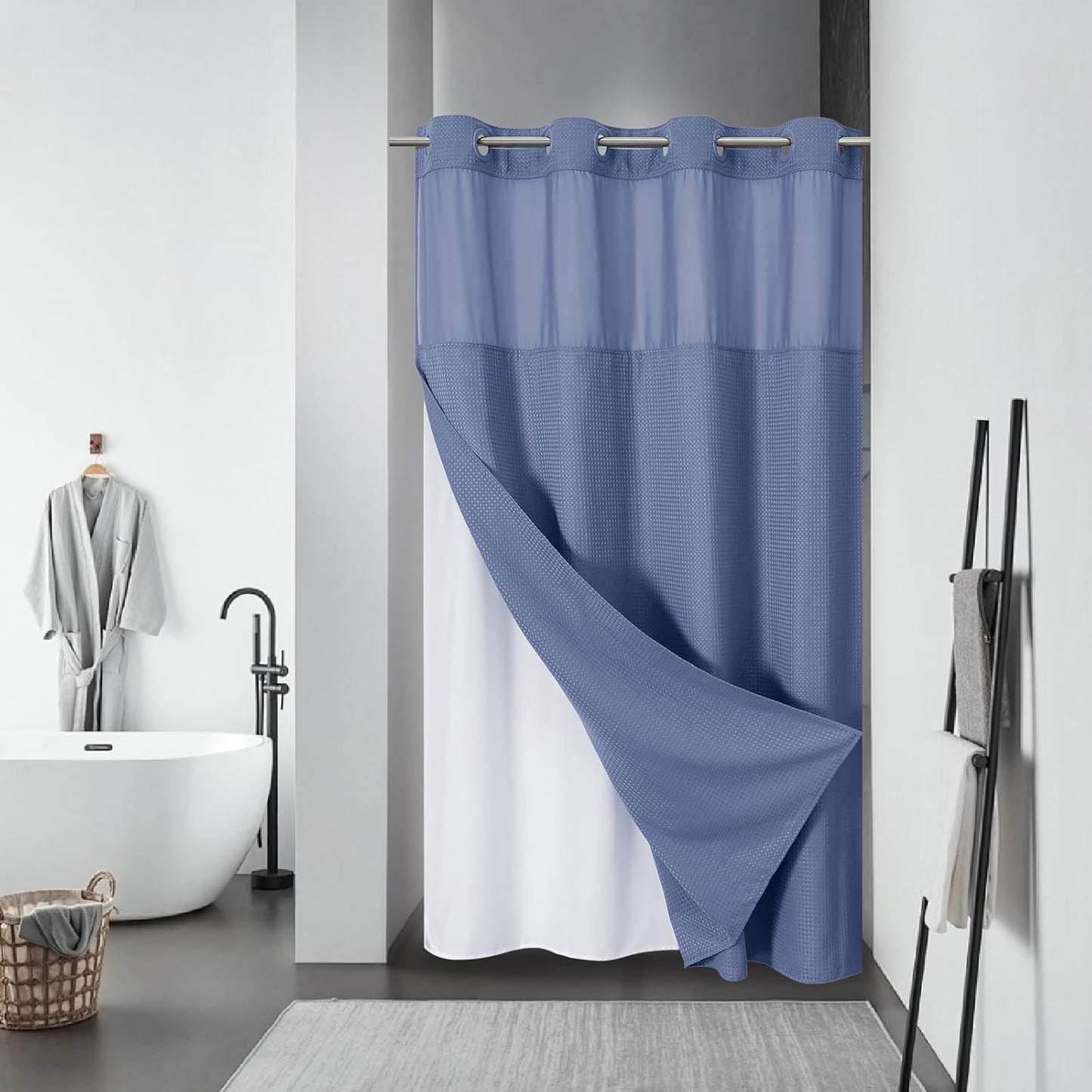 Grey No Hook Waffle Weave Shower Curtain with snap-in Liner Replacement, 230GSM Waterproof Fabric Hotel Shower Curtain Set for Bathroom, Through Mesh Top Window,71Wx74H