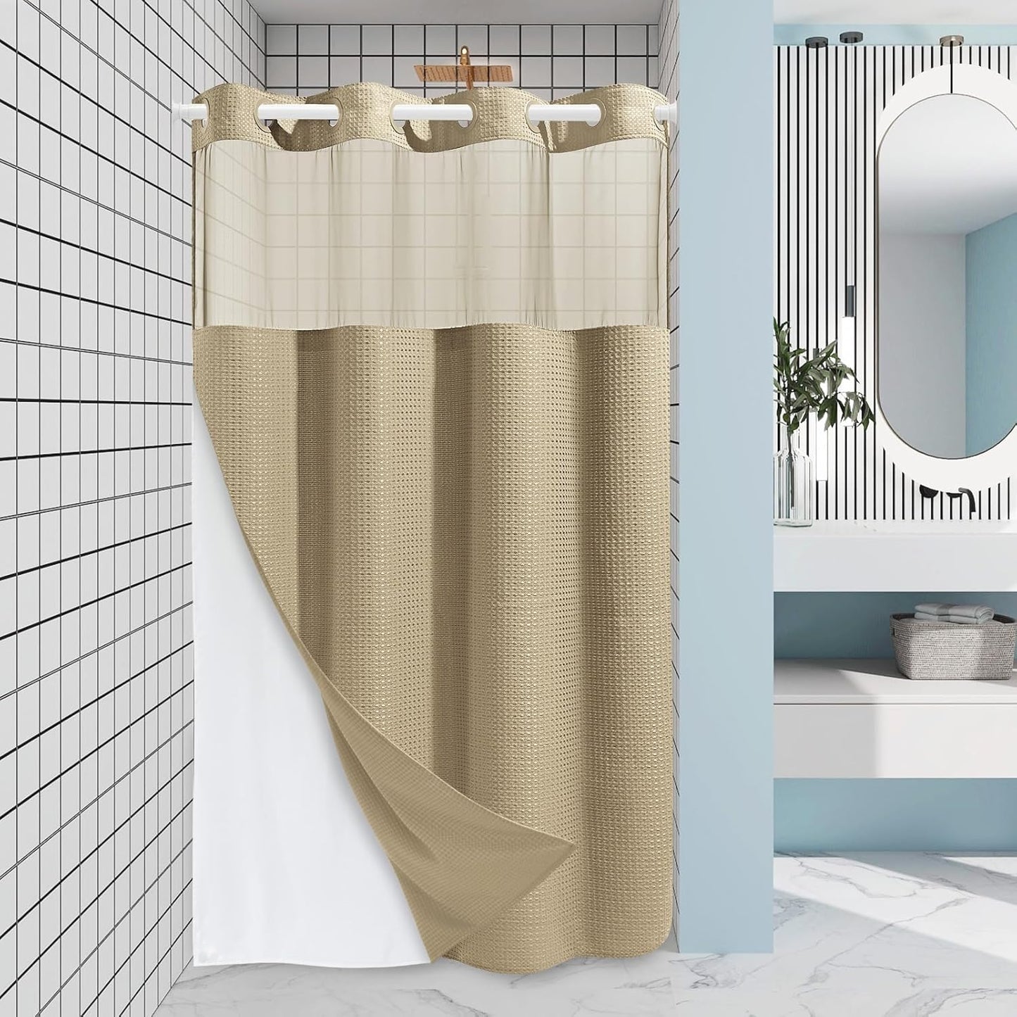 Grey Shower Curtain and Liner Set - 230GSM Waffle Weave Textured Heavy Duty,Hotel Luxury Weighted Bath Curtain,71W x 74H