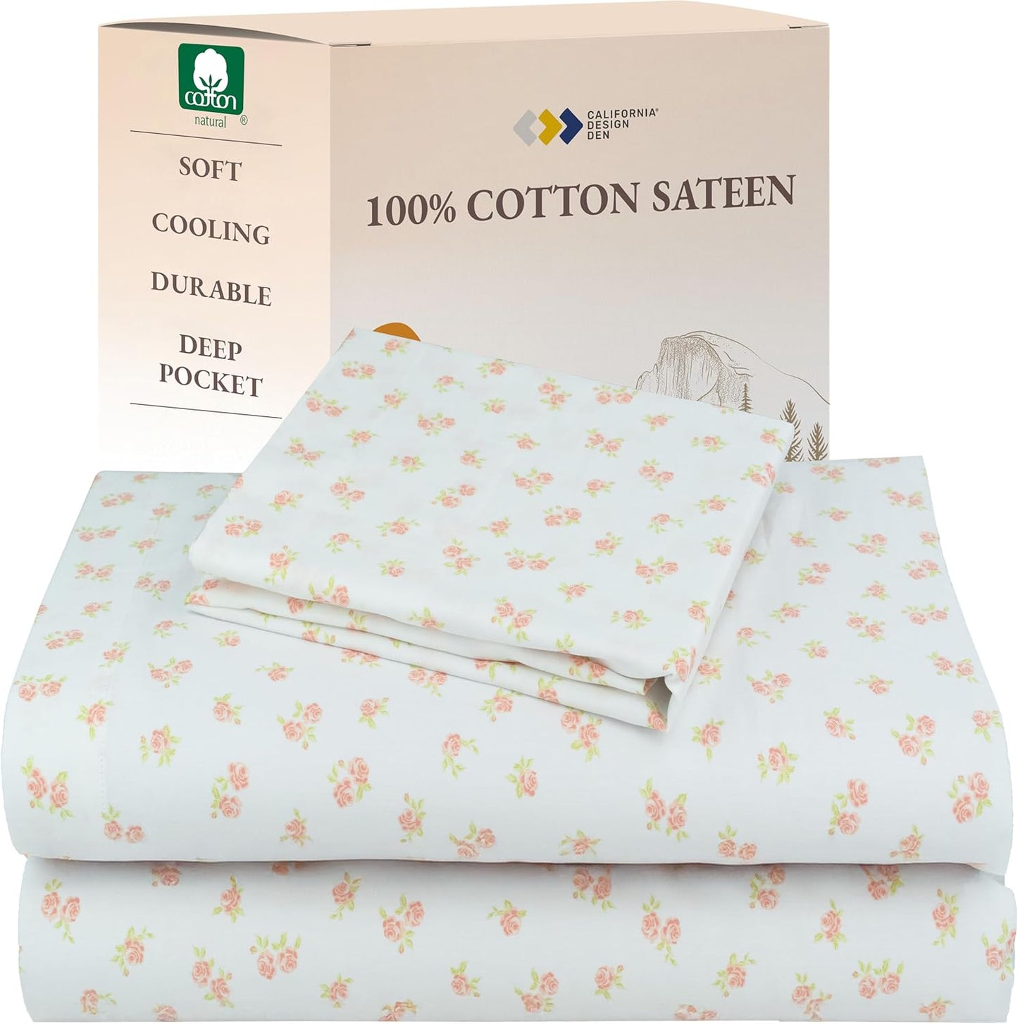 California Design Den Queen Sheet Set - Natural 100% Cotton Sheets Queen Size Bed Set with Deep Pockets, Soft Sateen Weave, Breathable and Durable Bedding (White)