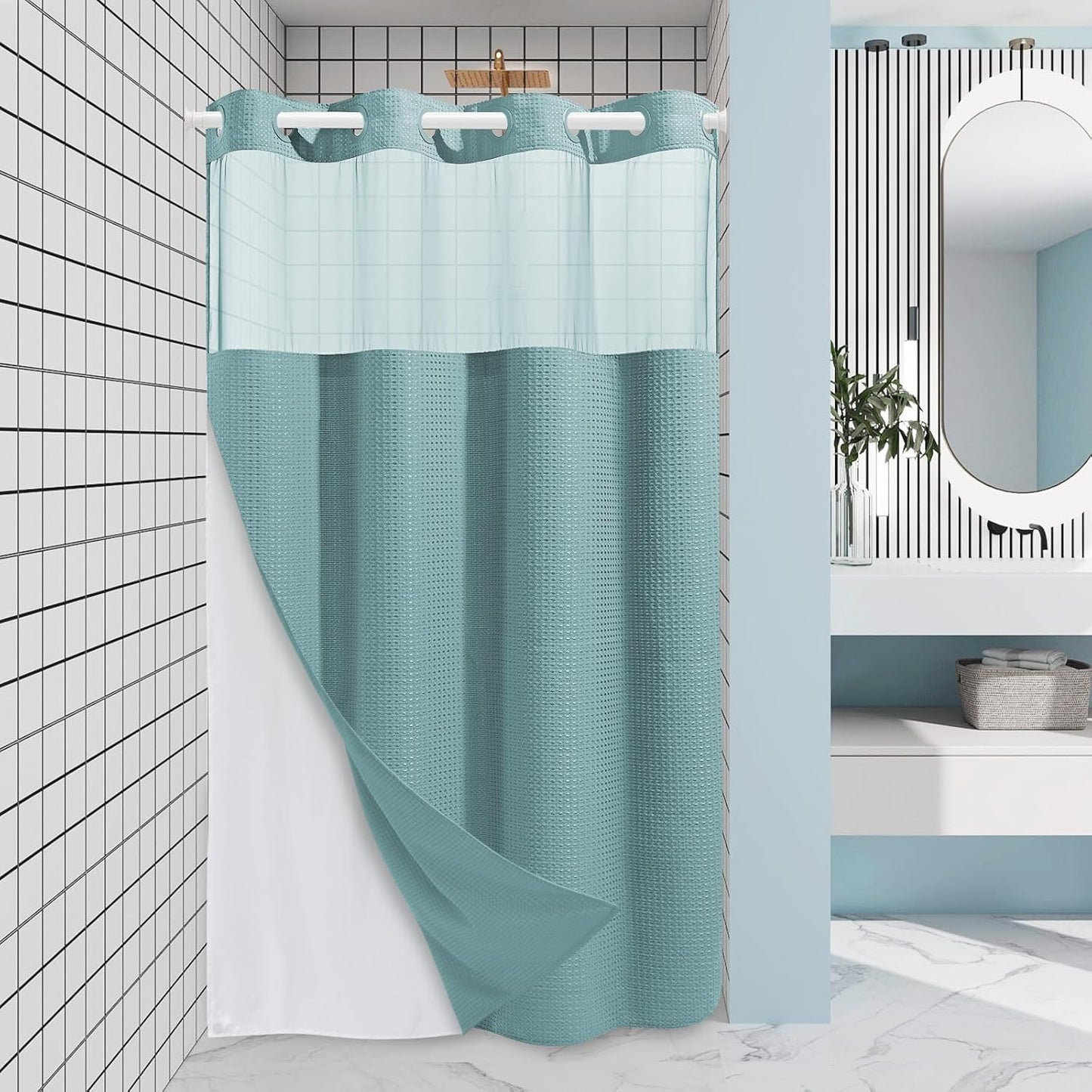 Grey Shower Curtain and Liner Set - 230GSM Waffle Weave Textured Heavy Duty,Hotel Luxury Weighted Bath Curtain,71W x 74H