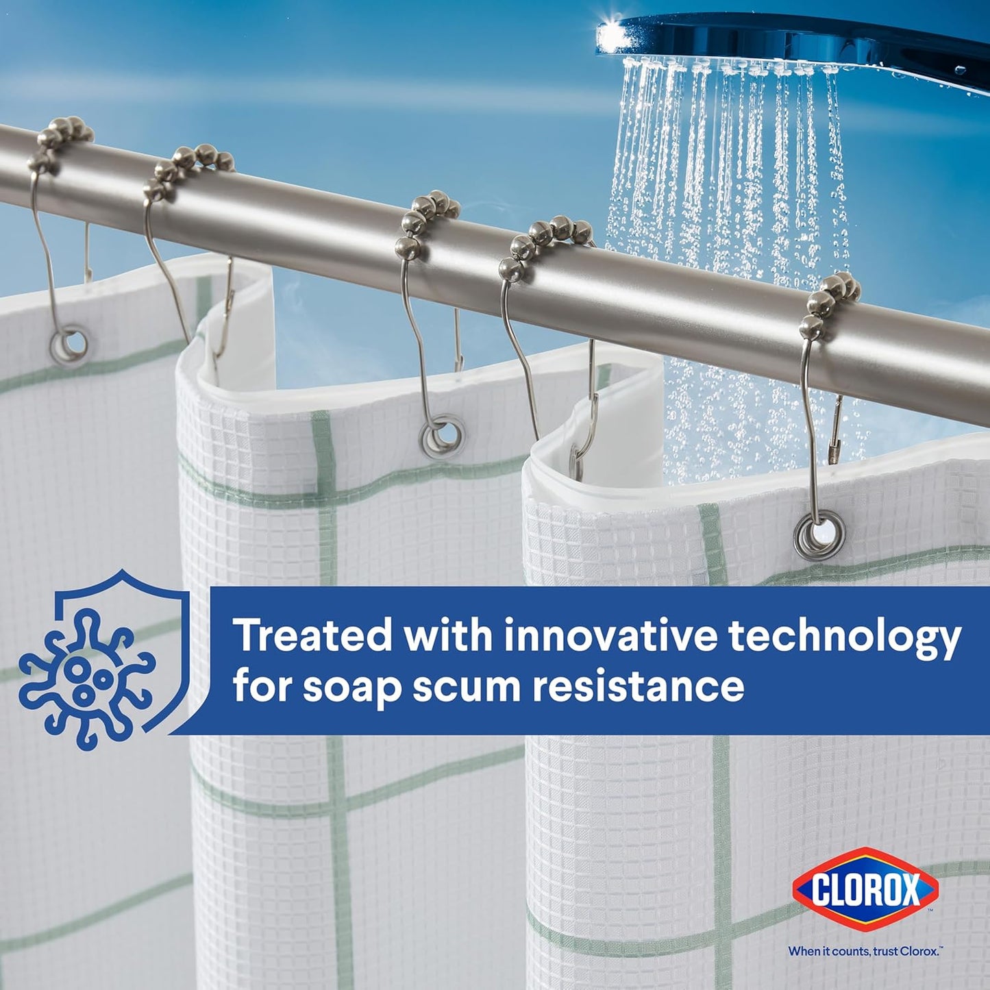 CLOROX Bathroom Waffle Windowpane Pattern Shower Curtain with Waterproof Lightweight PEVA Liner Set, Standard Size, Metal Grommets, No Hooks 72" x 72" - 2 Pc Set - Sage Green w Frosty PEVA