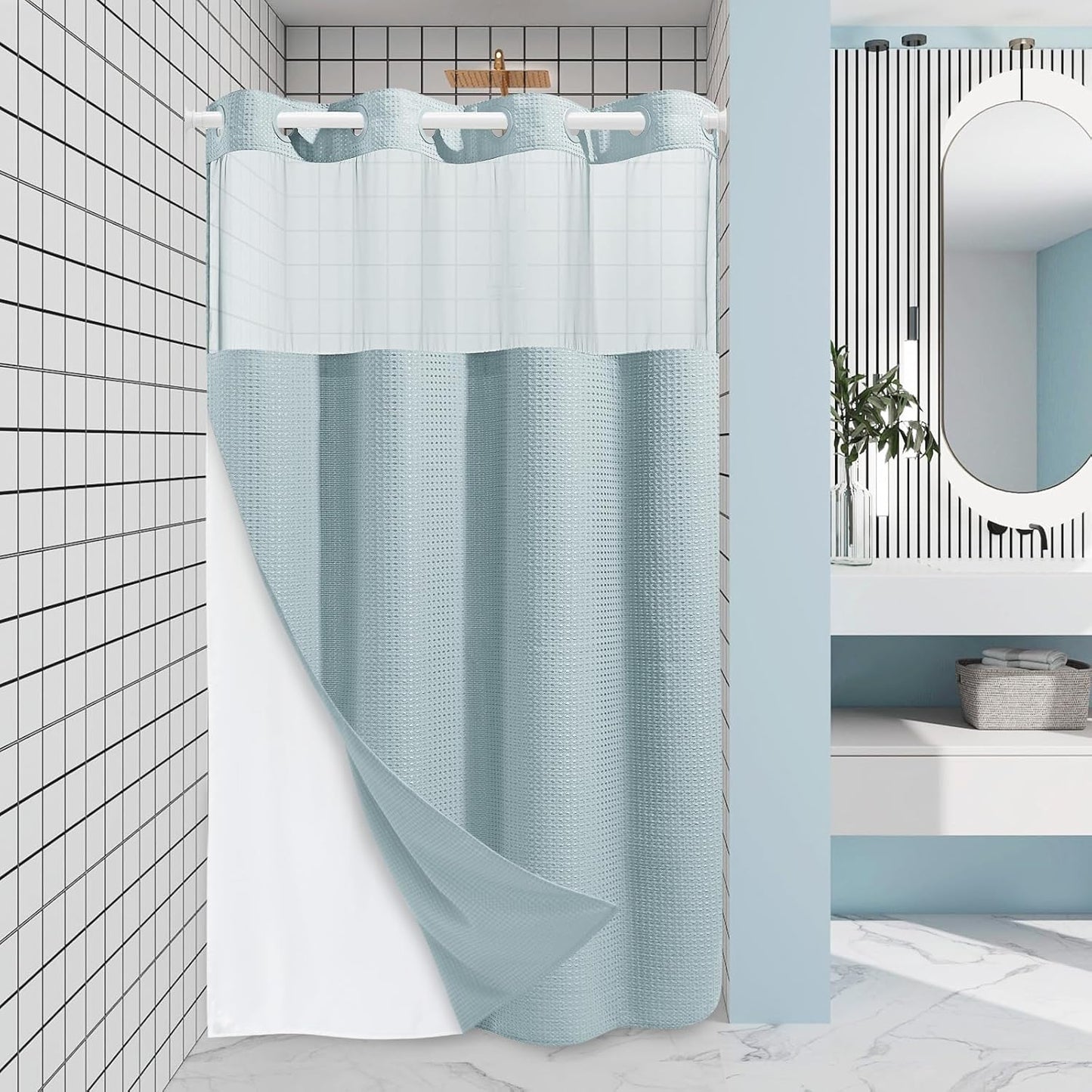 Grey Shower Curtain and Liner Set - 230GSM Waffle Weave Textured Heavy Duty,Hotel Luxury Weighted Bath Curtain,71W x 74H