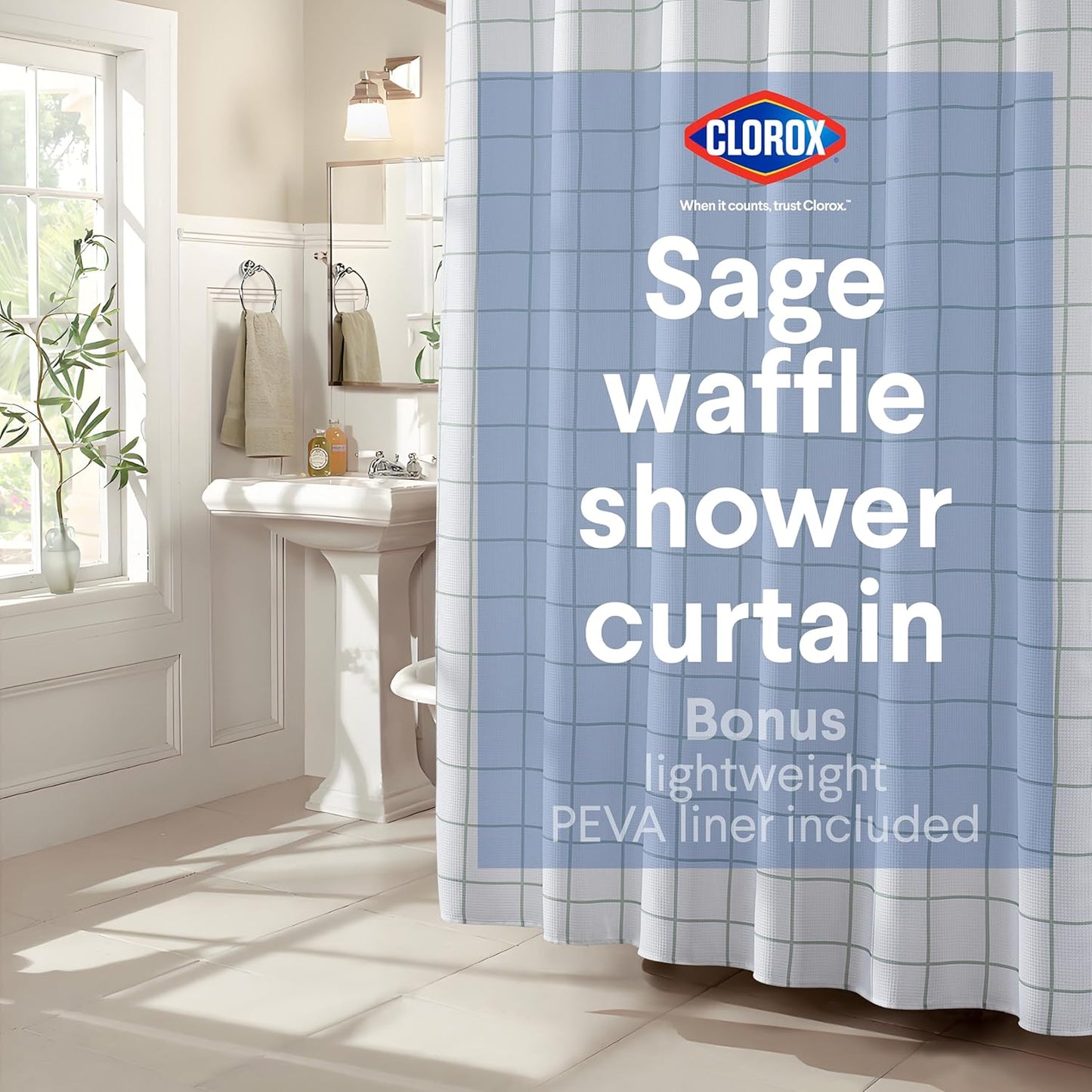CLOROX Bathroom Waffle Windowpane Pattern Shower Curtain with Waterproof Lightweight PEVA Liner Set, Standard Size, Metal Grommets, No Hooks 72" x 72" - 2 Pc Set - Sage Green w Frosty PEVA