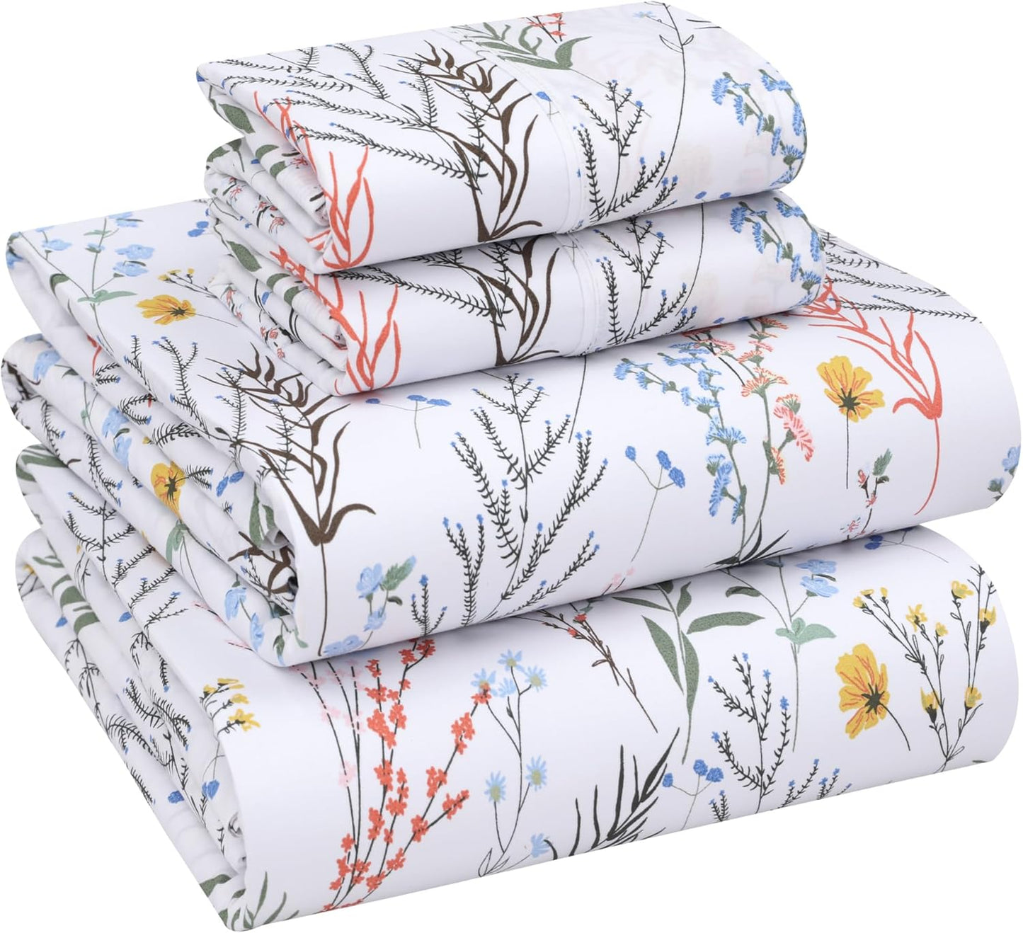 RUVANTI 100% Cotton Sheets Queen Size Set, 4 Pieces, Soft & Breathable Percale Weave Bedding, Deep Pocket 16", Hotel Standard, Crisp Cool Feeling, Durable, Perfect Floral Bed Sheet, Sweet Pea