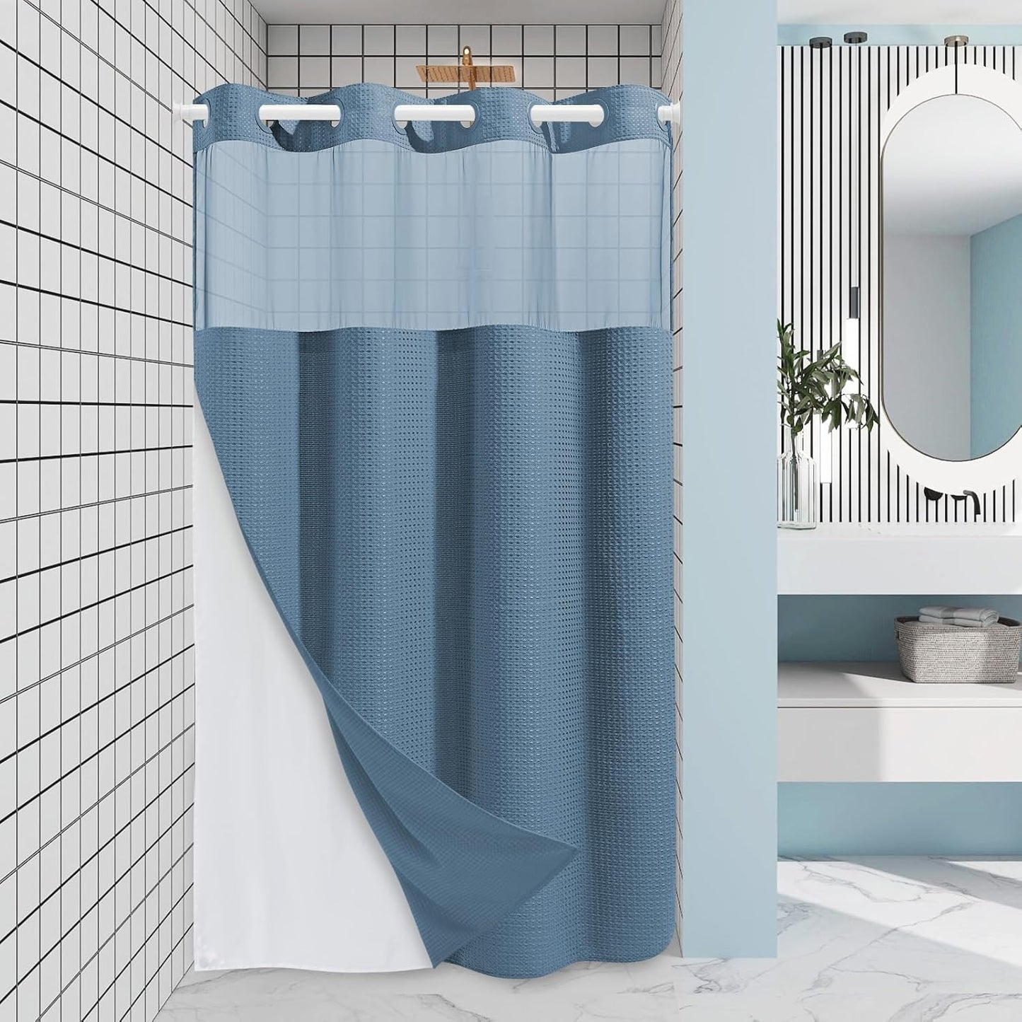 Grey Shower Curtain and Liner Set - 230GSM Waffle Weave Textured Heavy Duty,Hotel Luxury Weighted Bath Curtain,71W x 74H