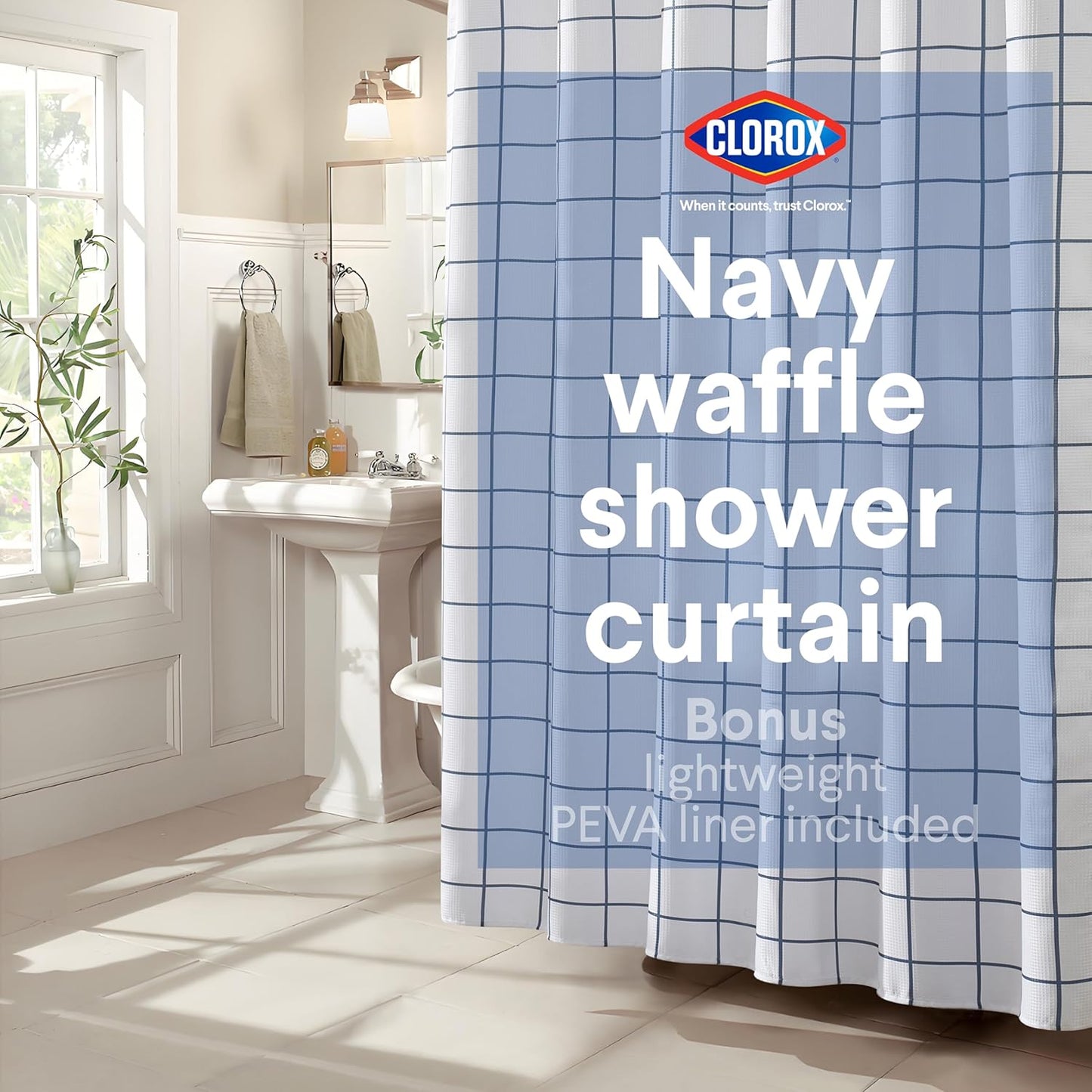 CLOROX Bathroom Waffle Windowpane Pattern Shower Curtain with Waterproof Lightweight PEVA Liner Set, Standard Size, Metal Grommets, No Hooks 72" x 72" - 2 Pc Set - Sage Green w Frosty PEVA