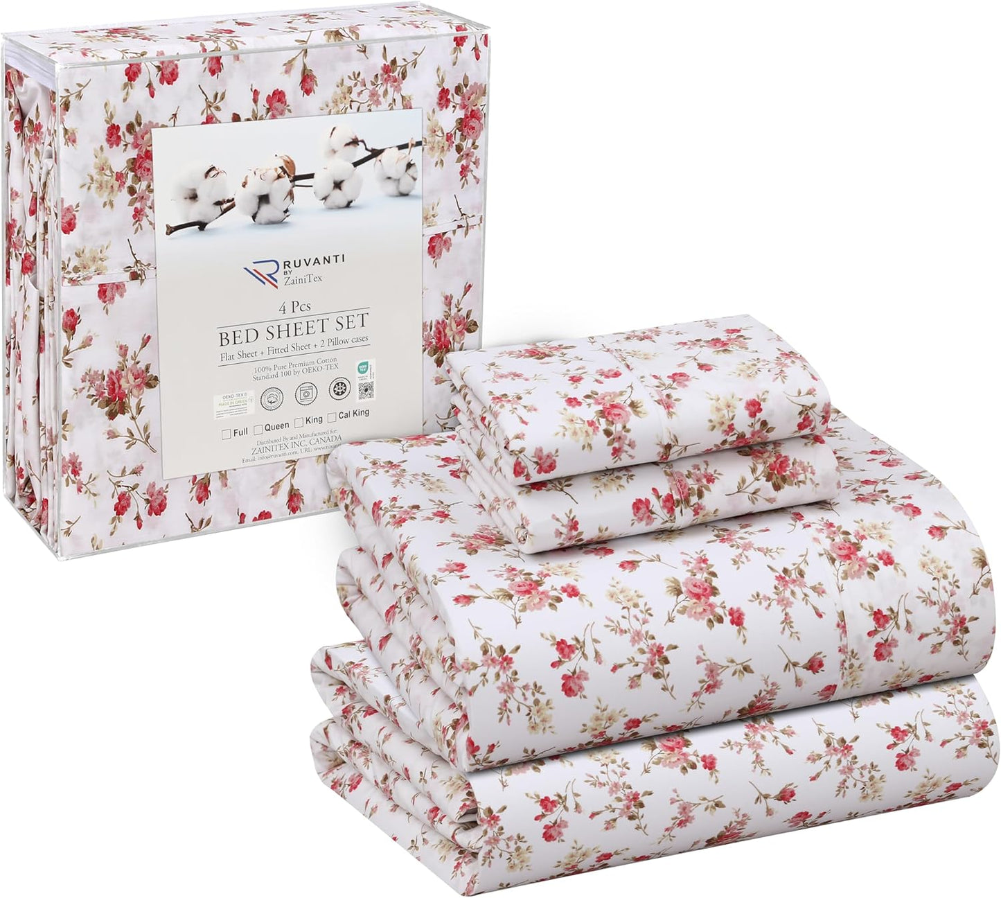 RUVANTI 100% Cotton Sheets Queen Size Set, 4 Pieces, Soft & Breathable Percale Weave Bedding, Deep Pocket 16", Hotel Standard, Crisp Cool Feeling, Durable, Perfect Floral Bed Sheet, Sweet Pea