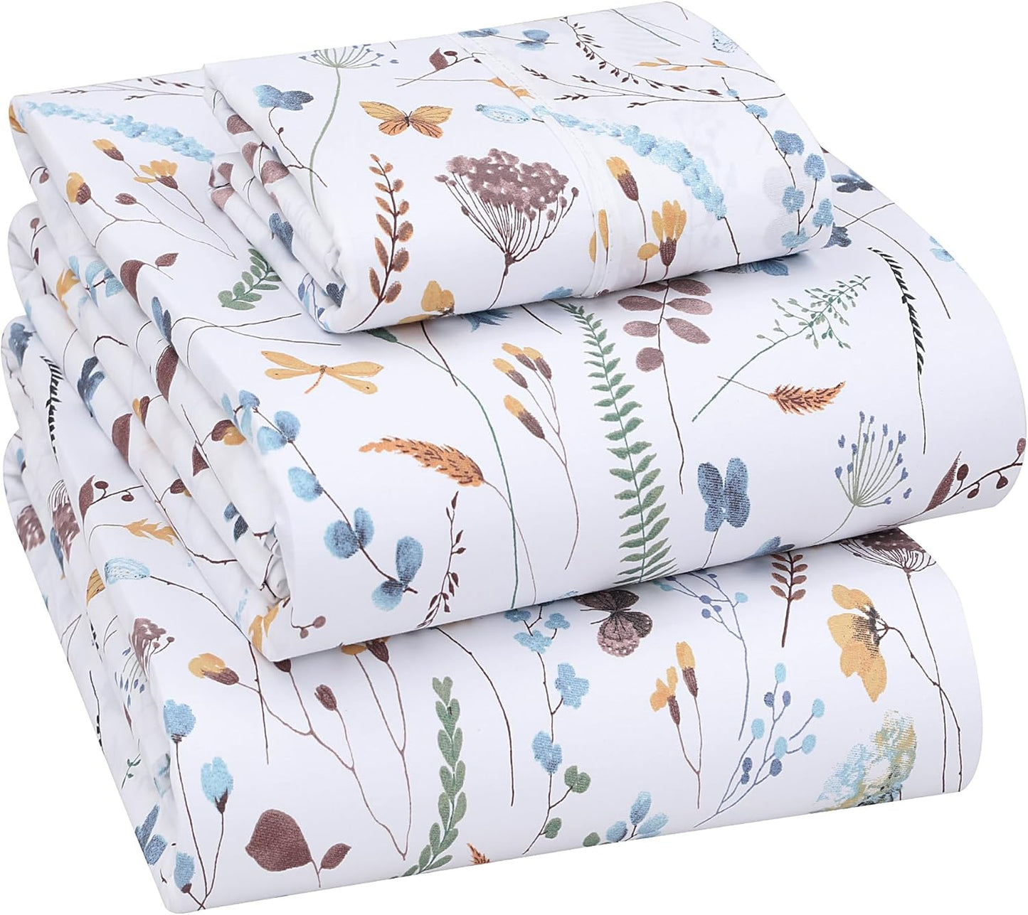 RUVANTI 100% Cotton Sheets Queen Size Set, 4 Pieces, Soft & Breathable Percale Weave Bedding, Deep Pocket 16", Hotel Standard, Crisp Cool Feeling, Durable, Perfect Floral Bed Sheet, Sweet Pea