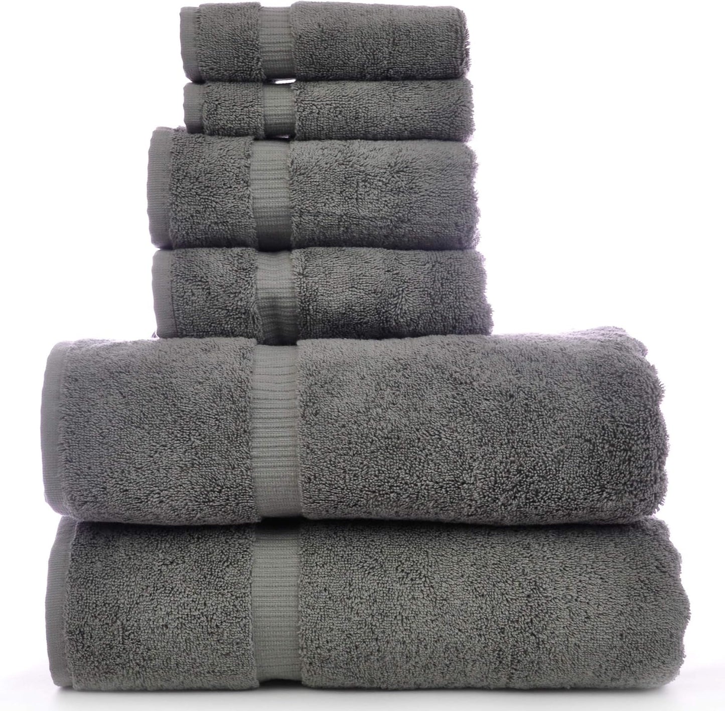Luxury Hotel & Spa Quality, Quick Dry 100% Turkish Cotton, 700 GSM, Eco Friendly Towel, Bathroom and Kitchen Dobby Border Towels, 2-Bath Towel, 2-Hand Towel, 2-Washcloth (Bundle Set of 6, Moss)