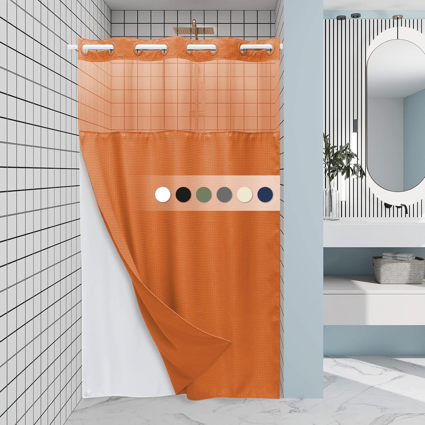 Grey Shower Curtain and Liner Set - 230GSM Waffle Weave Textured Heavy Duty,Hotel Luxury Weighted Bath Curtain,71W x 74H