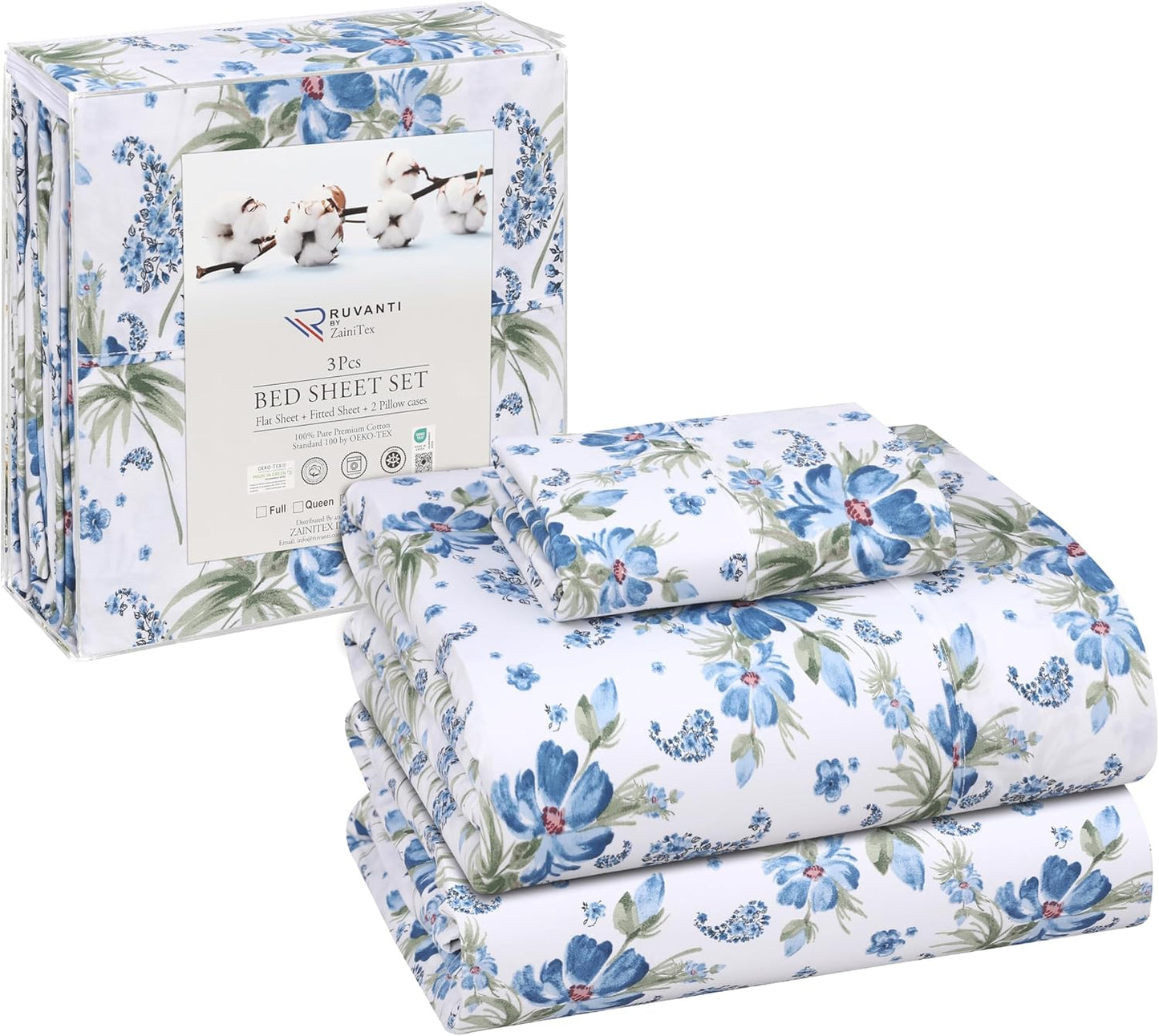 RUVANTI 100% Cotton Sheets Queen Size Set, 4 Pieces, Soft & Breathable Percale Weave Bedding, Deep Pocket 16", Hotel Standard, Crisp Cool Feeling, Durable, Perfect Floral Bed Sheet, Sweet Pea