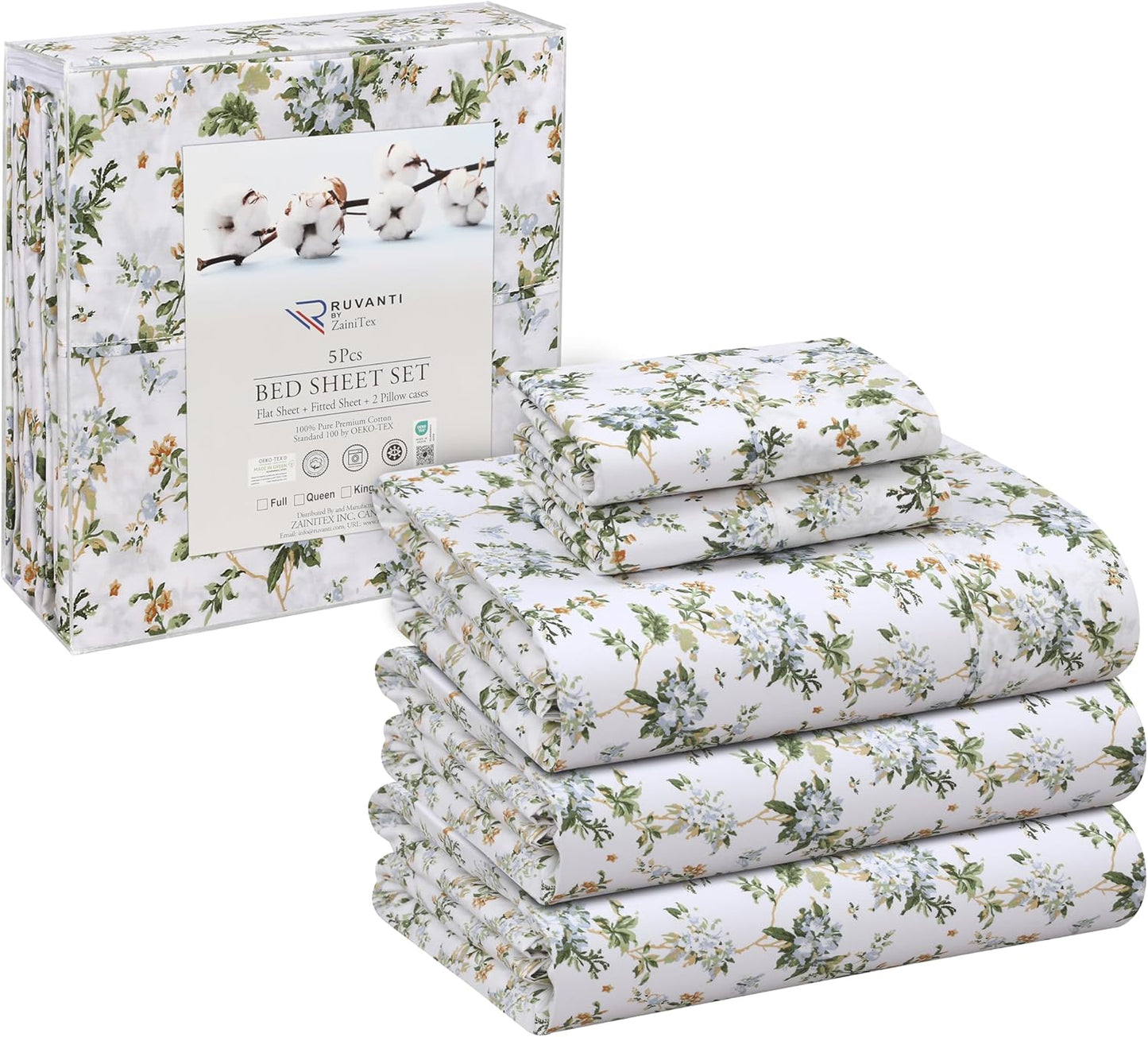 RUVANTI 100% Cotton Sheets Queen Size Set, 4 Pieces, Soft & Breathable Percale Weave Bedding, Deep Pocket 16", Hotel Standard, Crisp Cool Feeling, Durable, Perfect Floral Bed Sheet, Sweet Pea